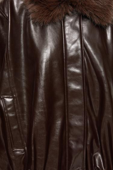 Leather effect jacket with faux fur collar — Brown 8