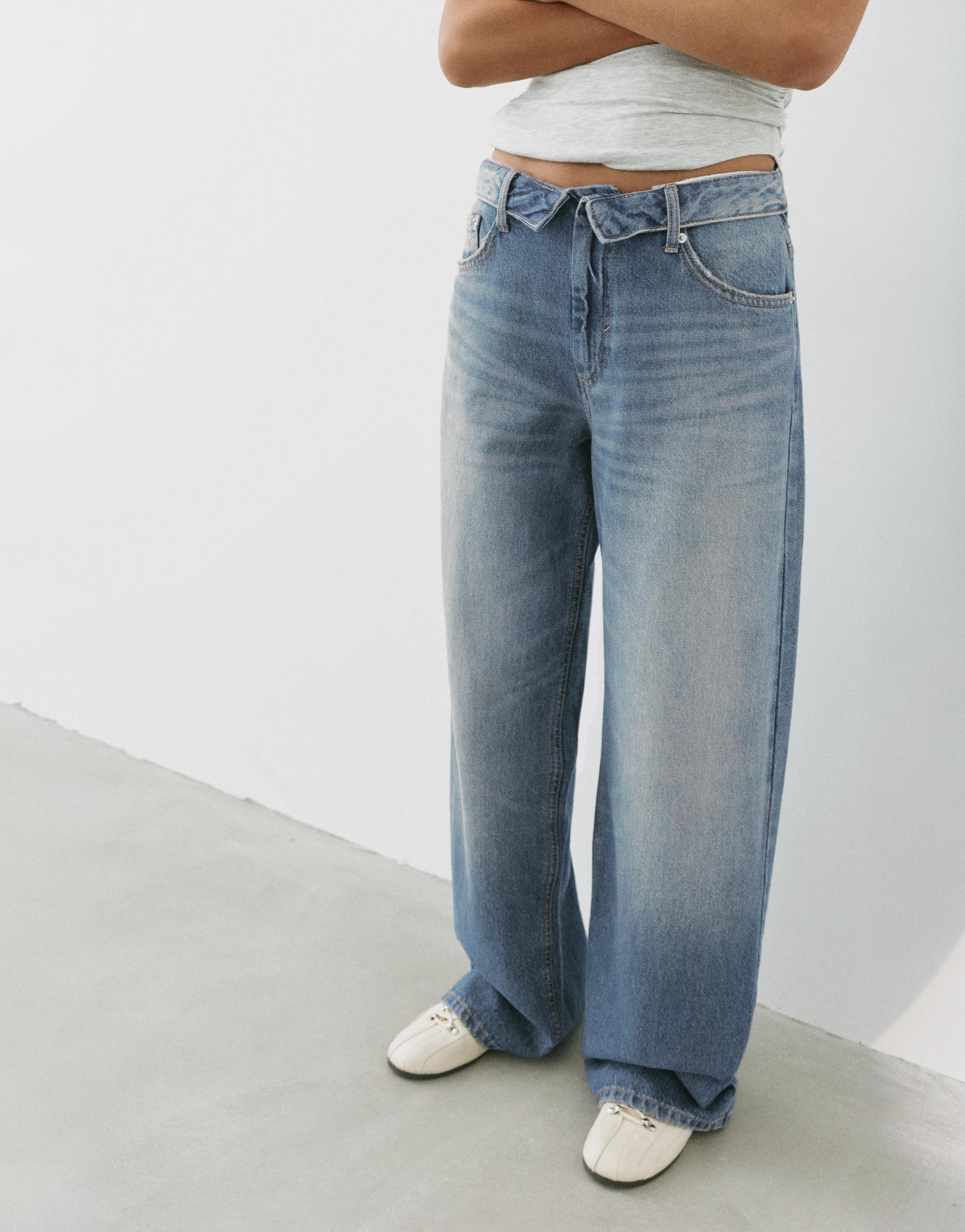 Relaxed baggy jeans with turn-up waist — Greenish blue