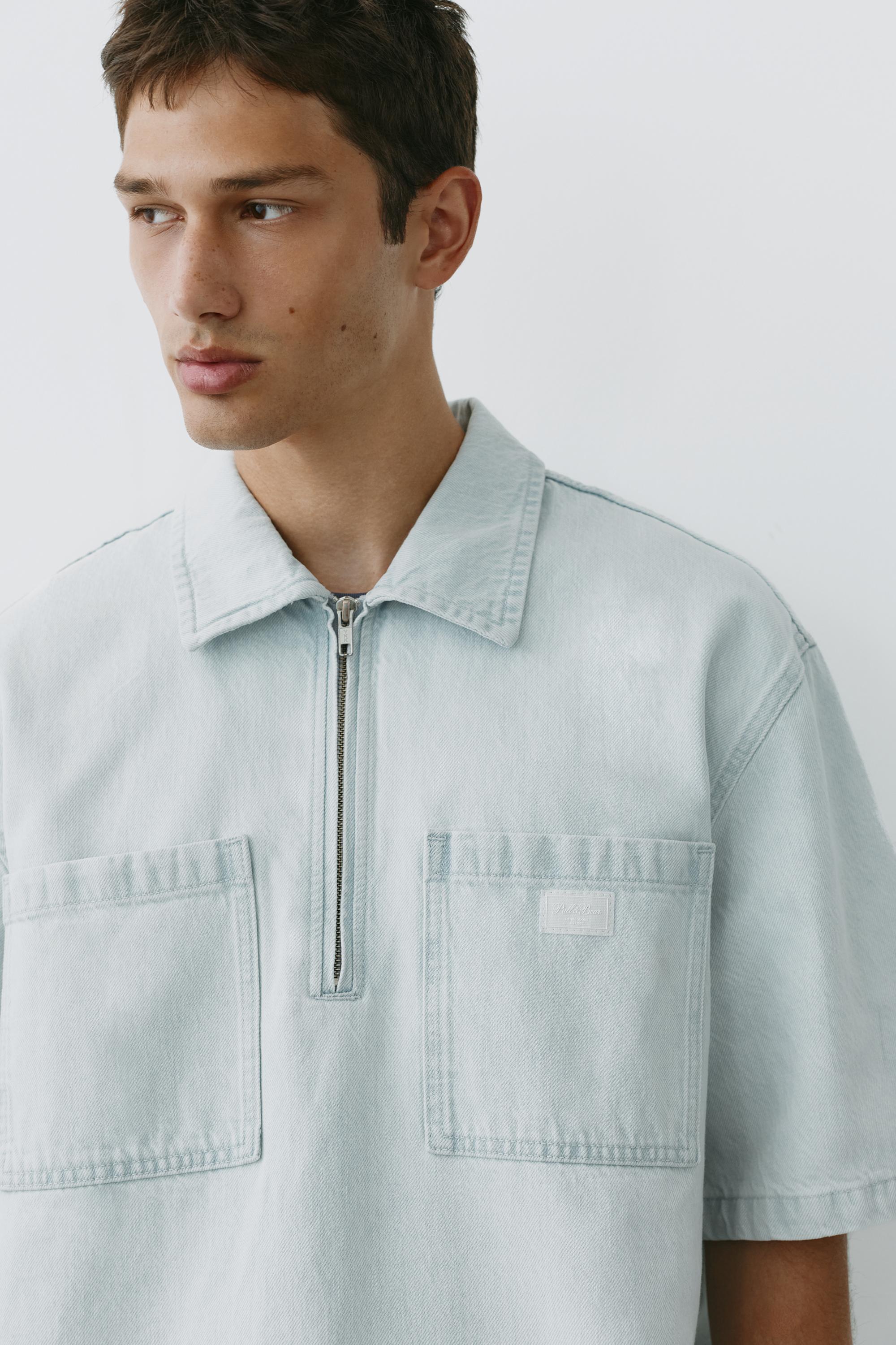Denim zip-up polo shirt — Sky blue