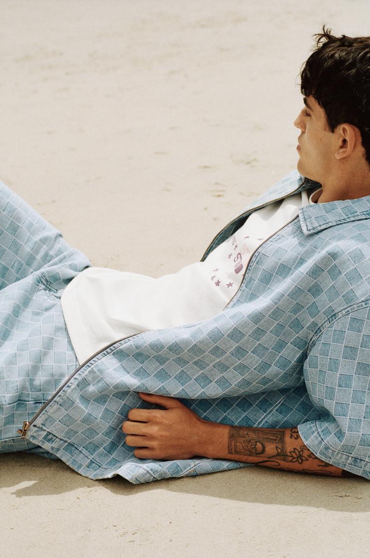 Check zip-up denim shirt — Medium blue