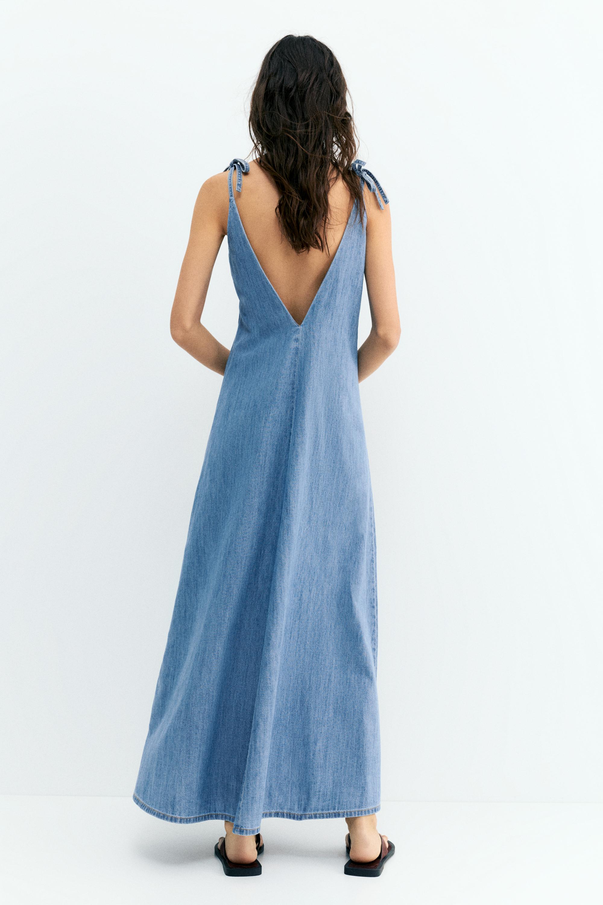 Askılı uzun jean elbise - Görsel 9