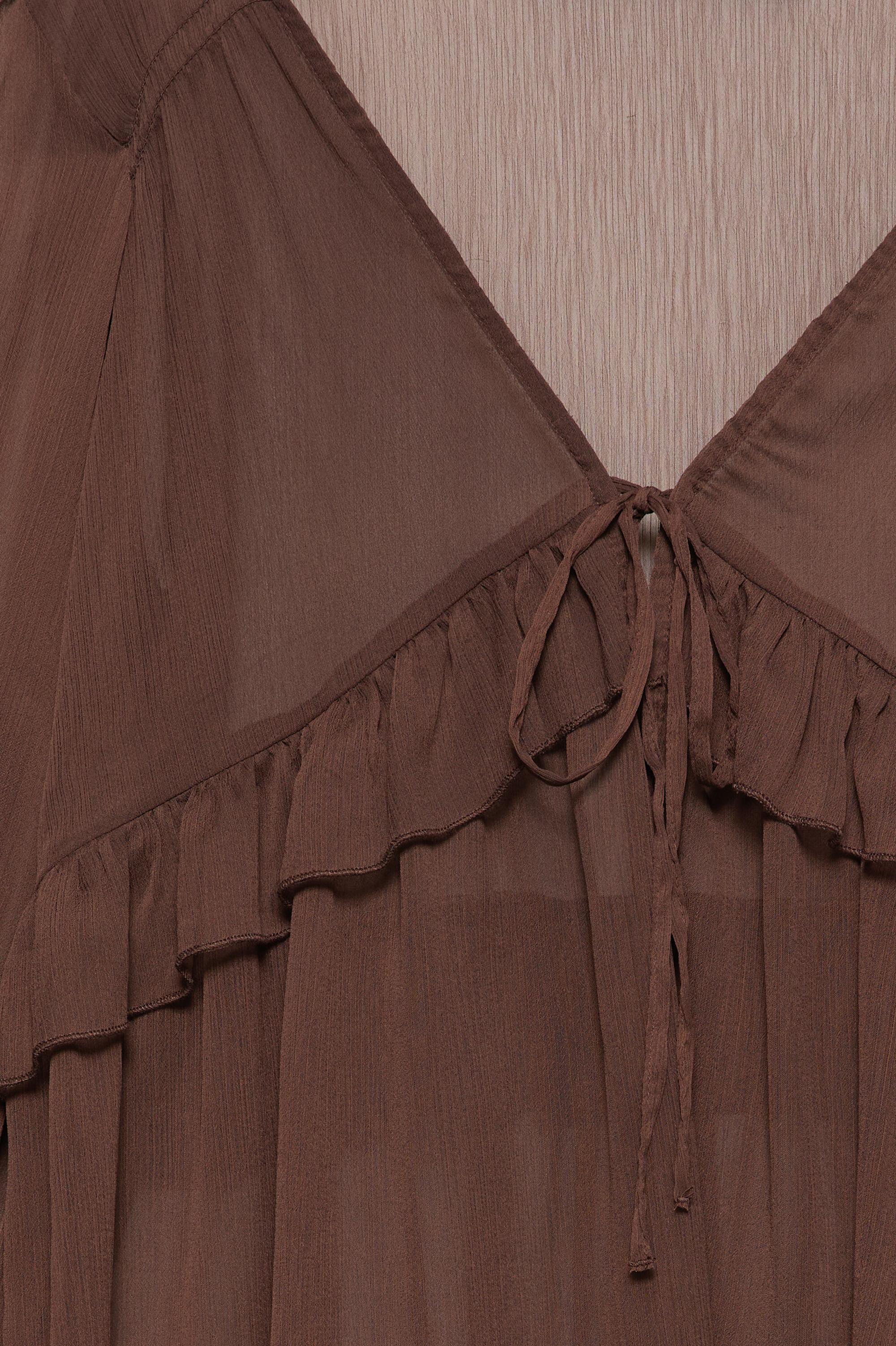 Sheer blouse with ruffle — Brown