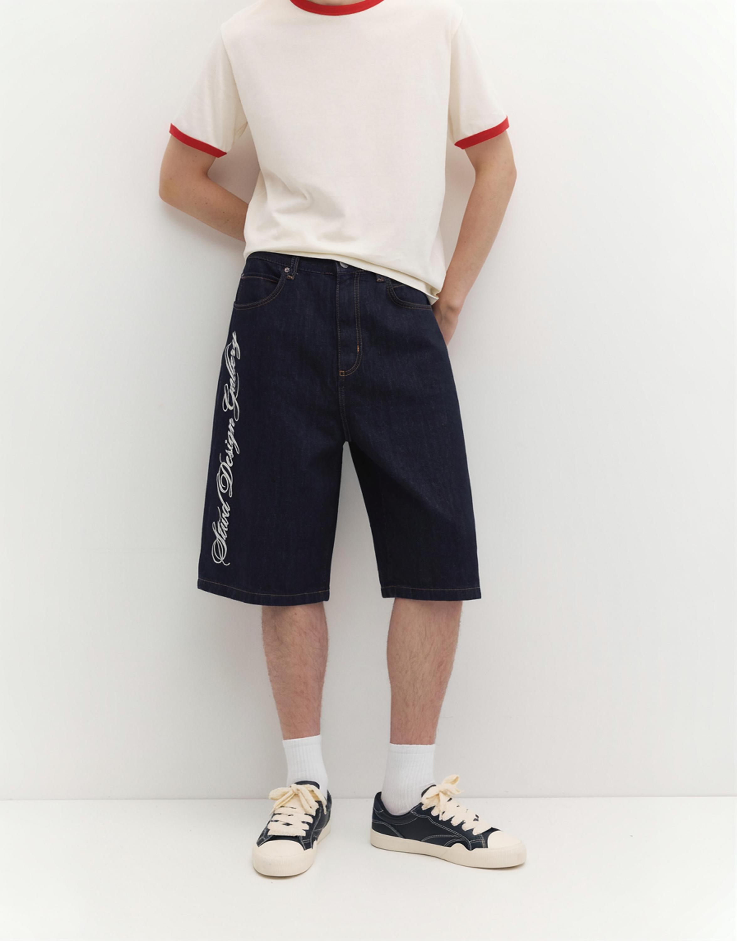 Text skater denim Bermuda shorts — Navy