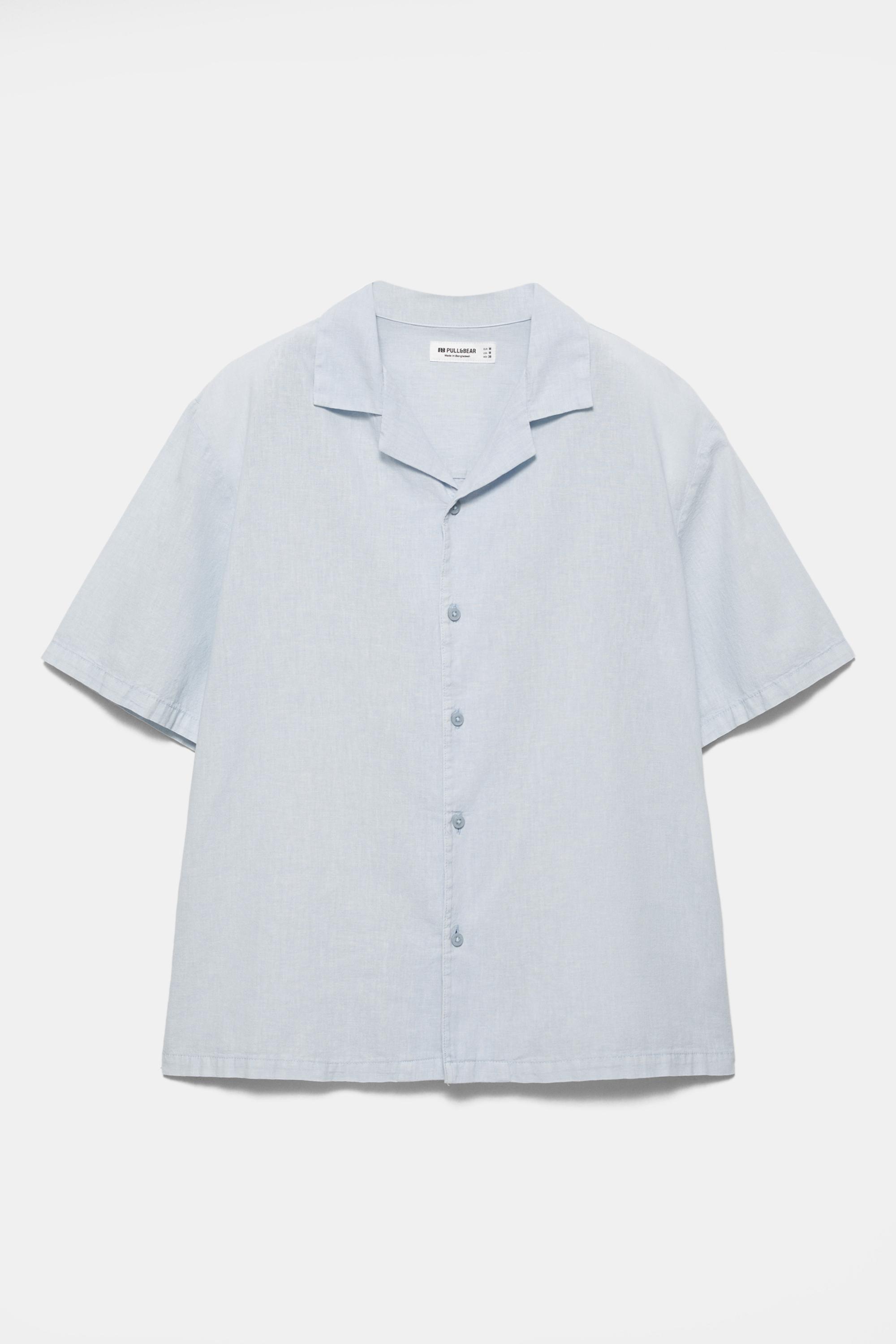 Short sleeve linen blend shirt — Pale blue