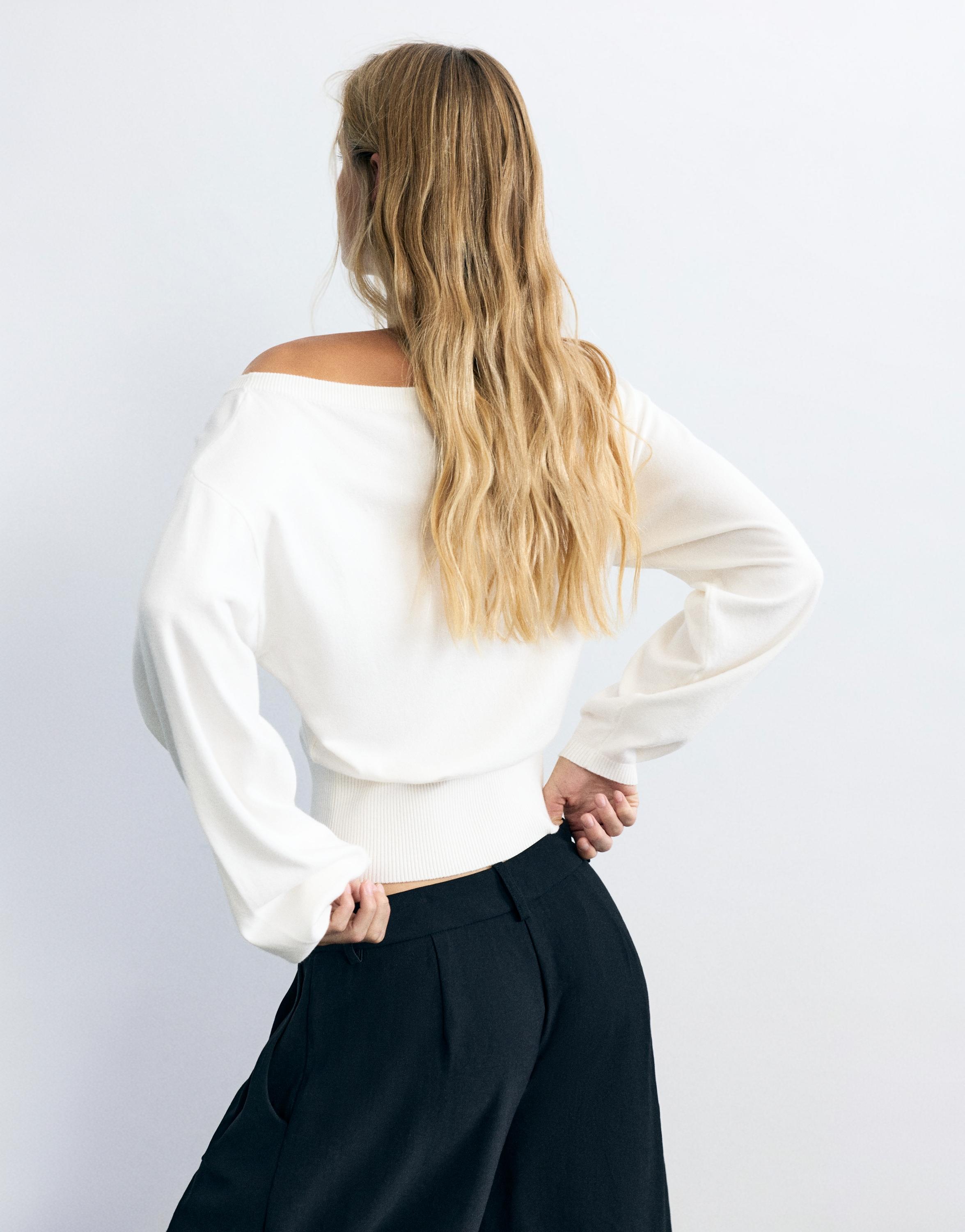 Asymmetric neck jumper — Ecru