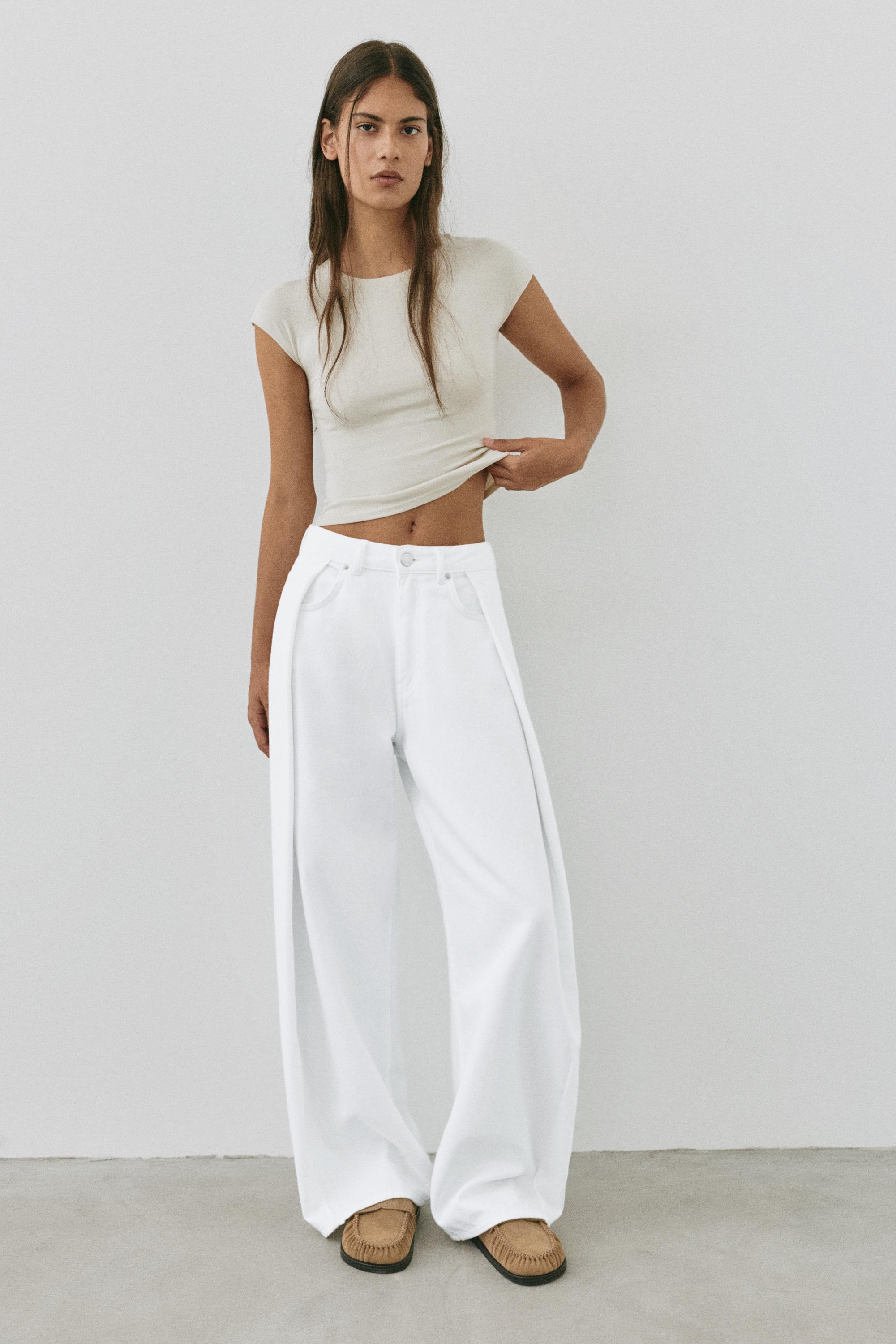 Pleated balloon fit baggy jeans — White