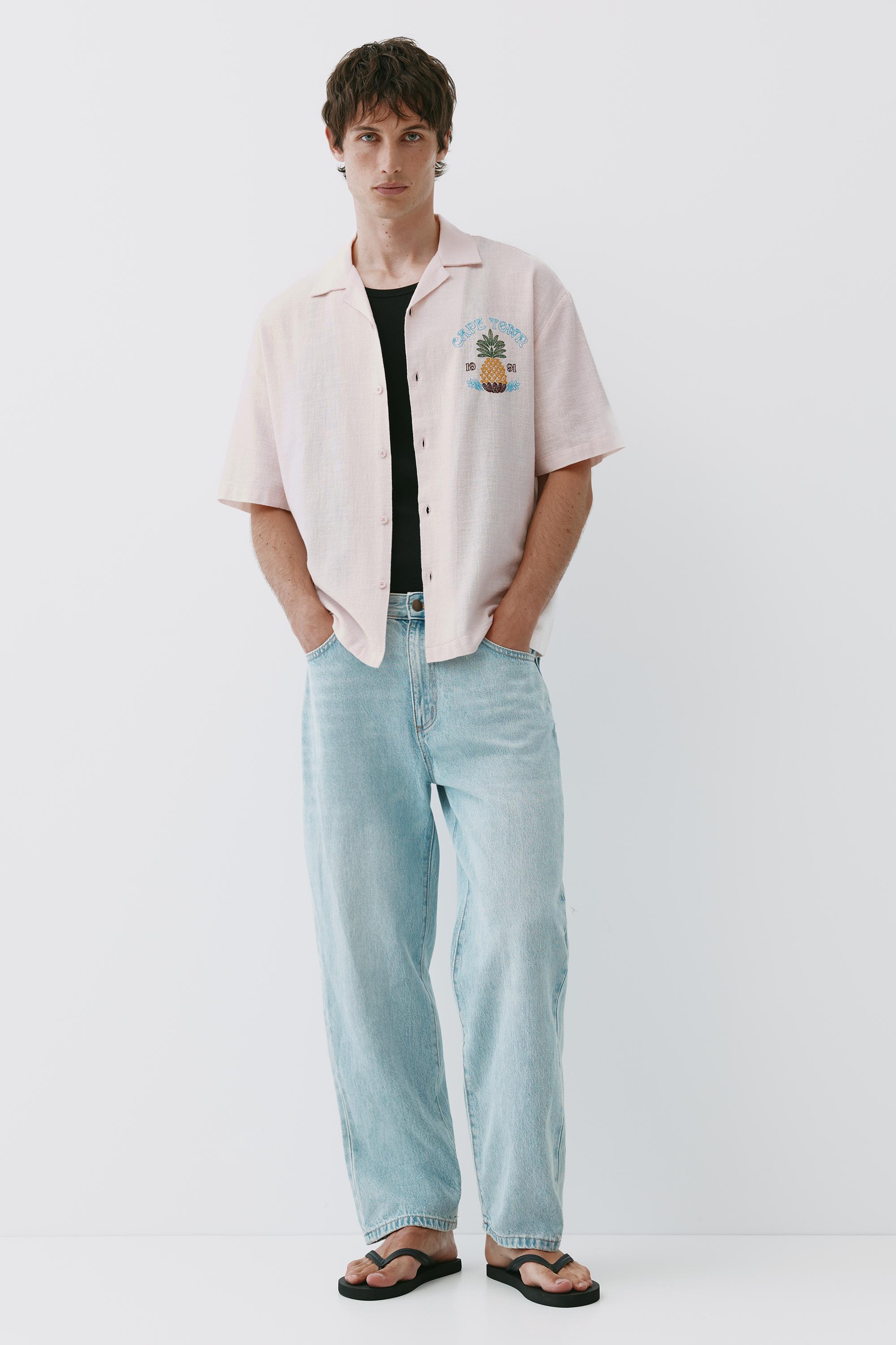 Pineapple embroidery short sleeve shirt — Rose pink