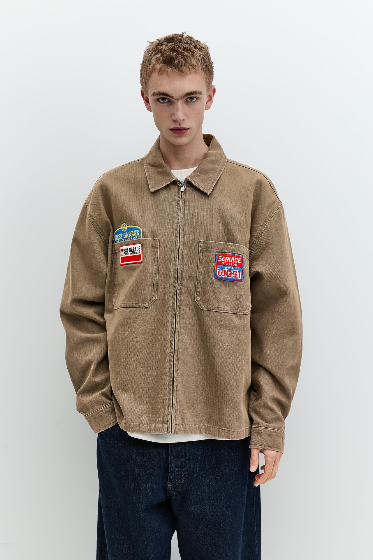 Patch zip-up overshirt — Brown