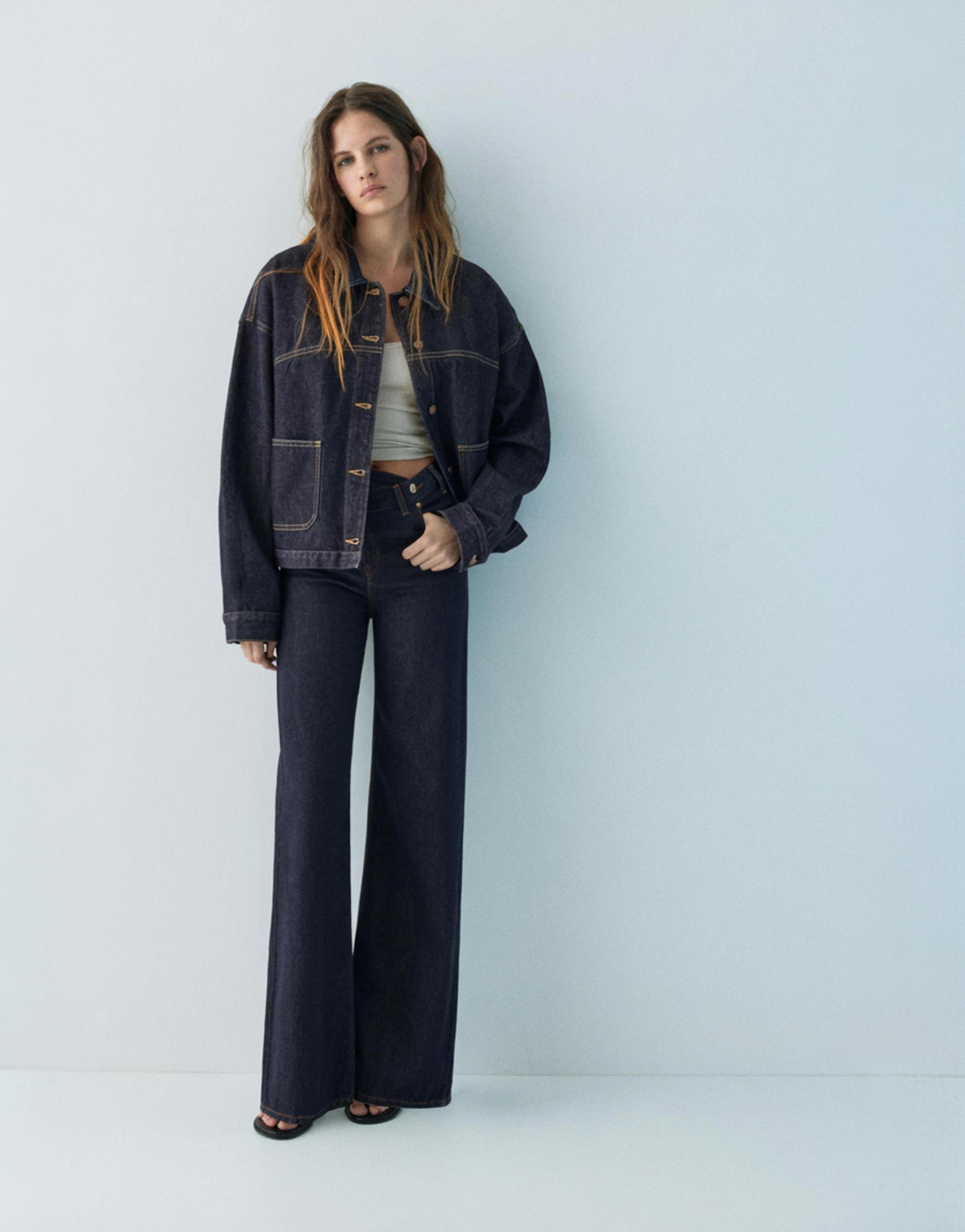 Wide leg jeans with crossover waistband — Navy