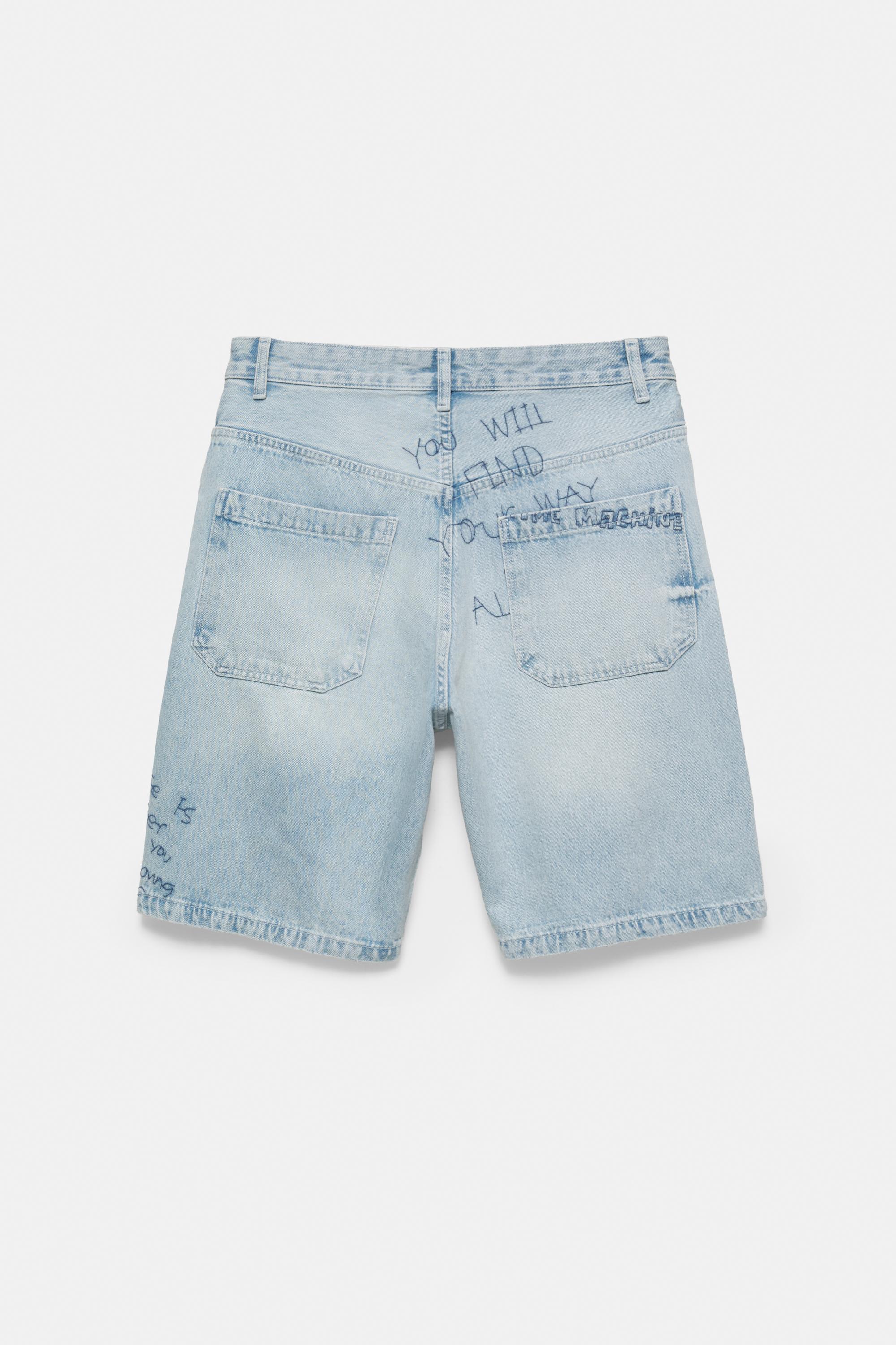 Embroidered baggy denim Bermuda shorts — Pale indigo