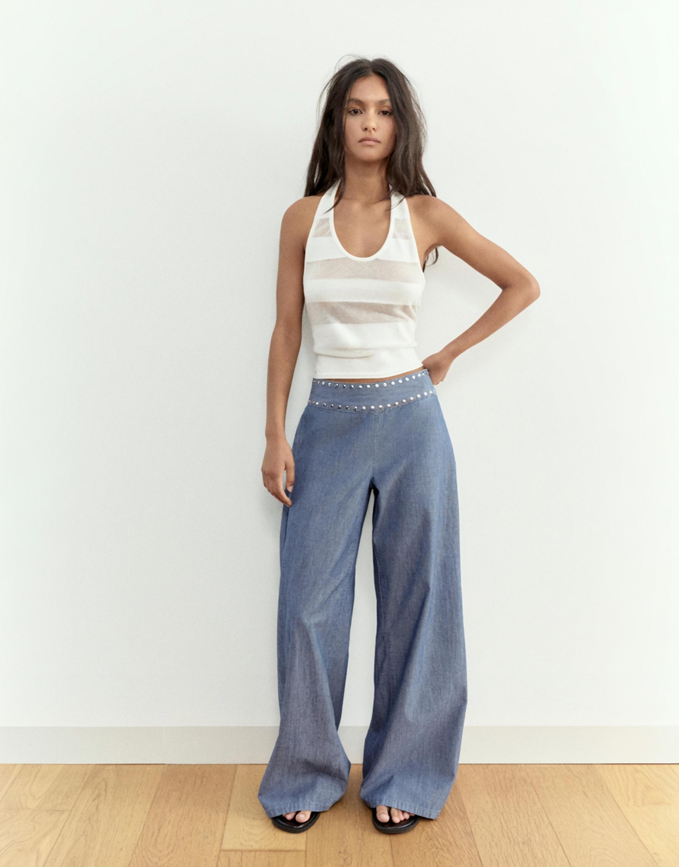 Wide-leg jeans with studs — Dark blue