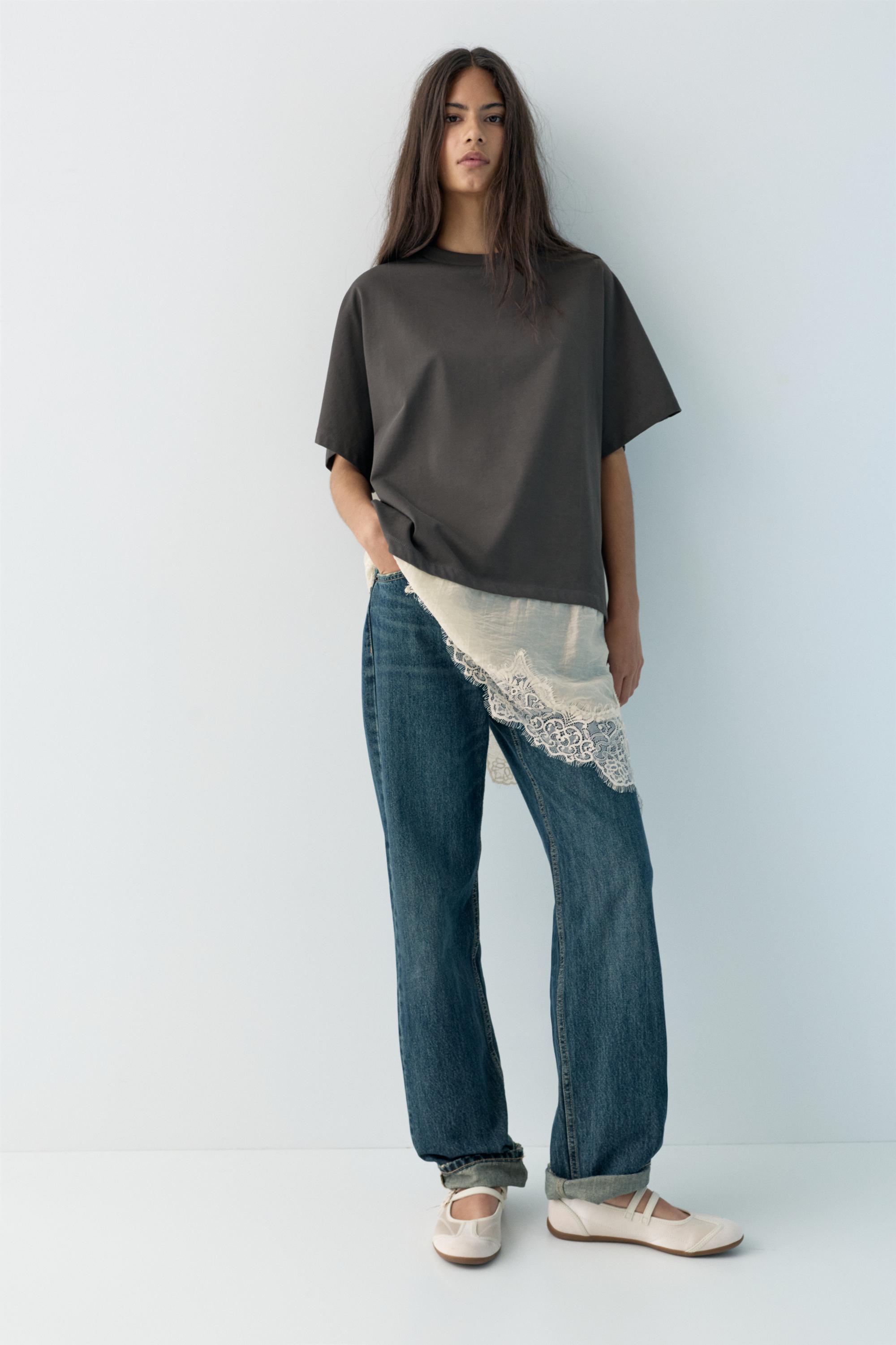 Contrast T-shirt with lace hem — Anthracite grey