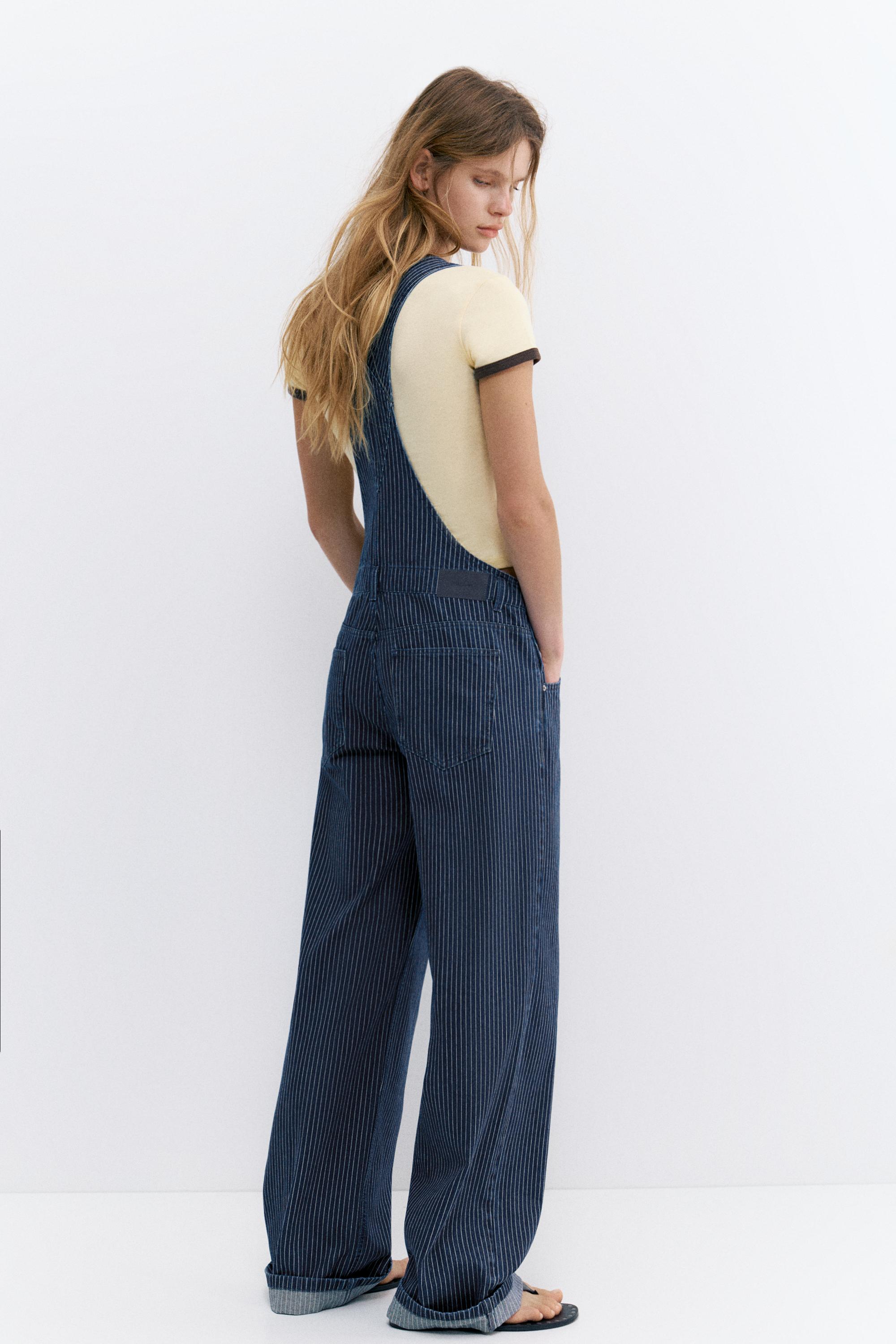 Çizgili uzun denim tulum - Görsel 6