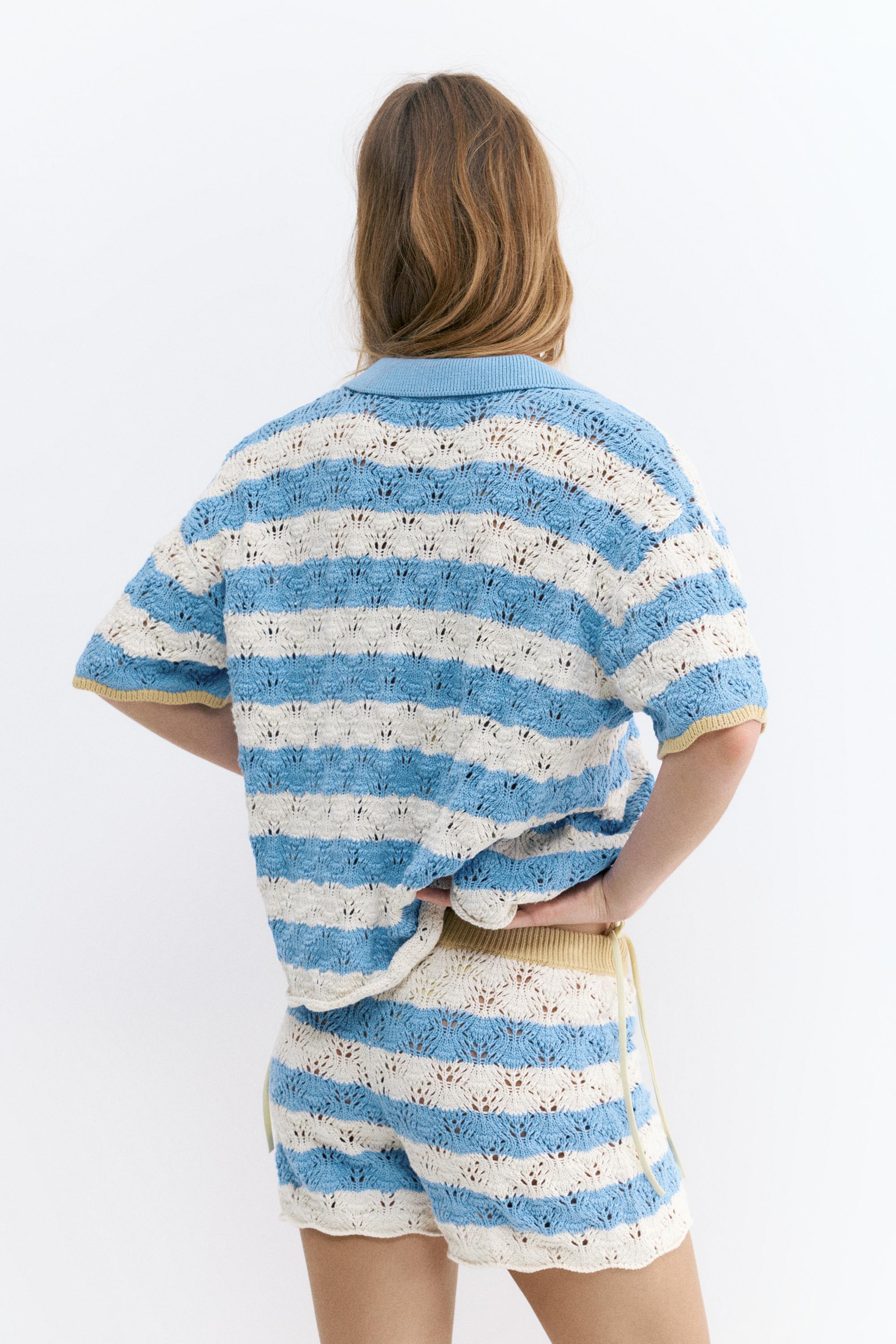 Kroşe çizgili polo tişört - Görsel 15