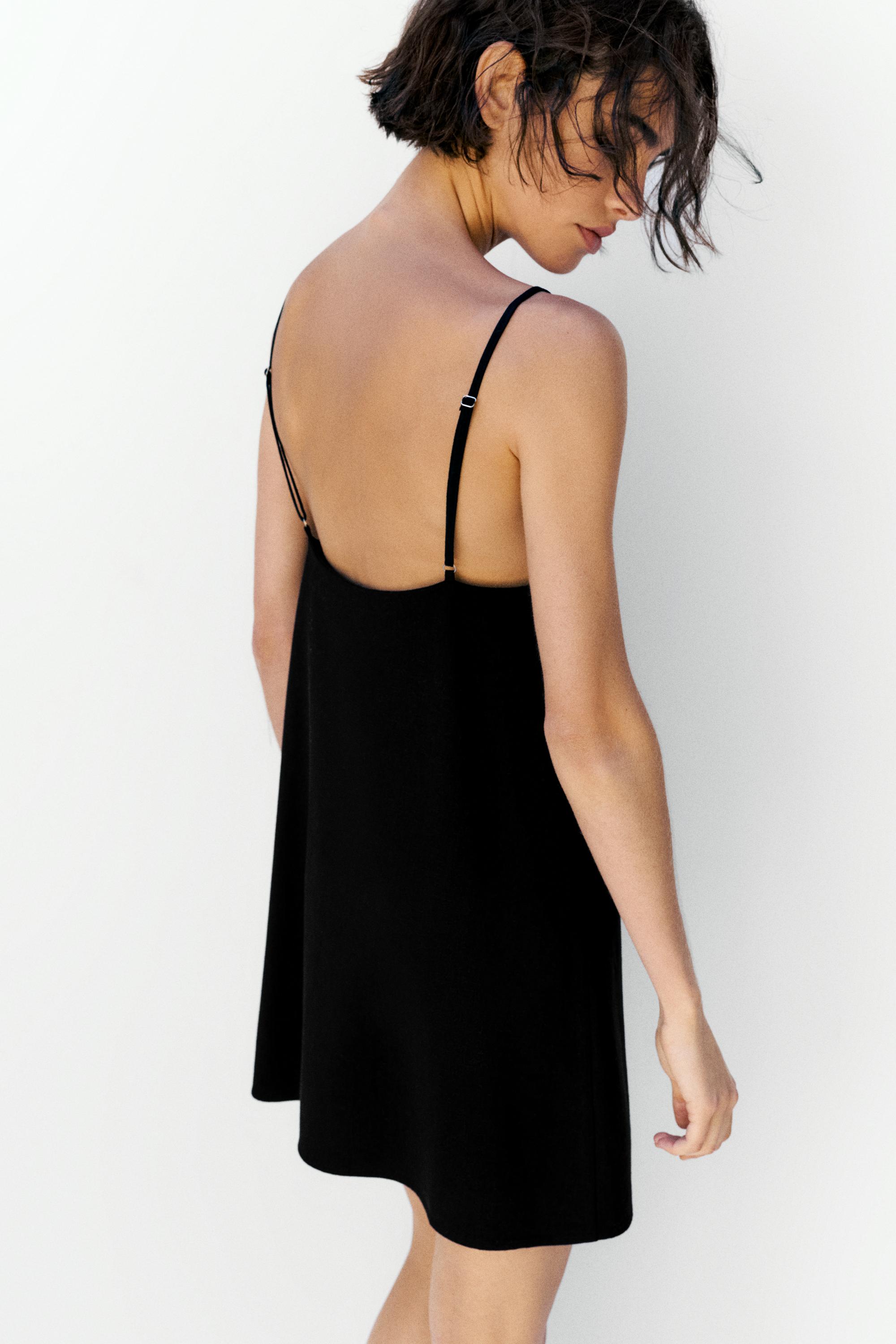 Short strappy dress with linen — Black