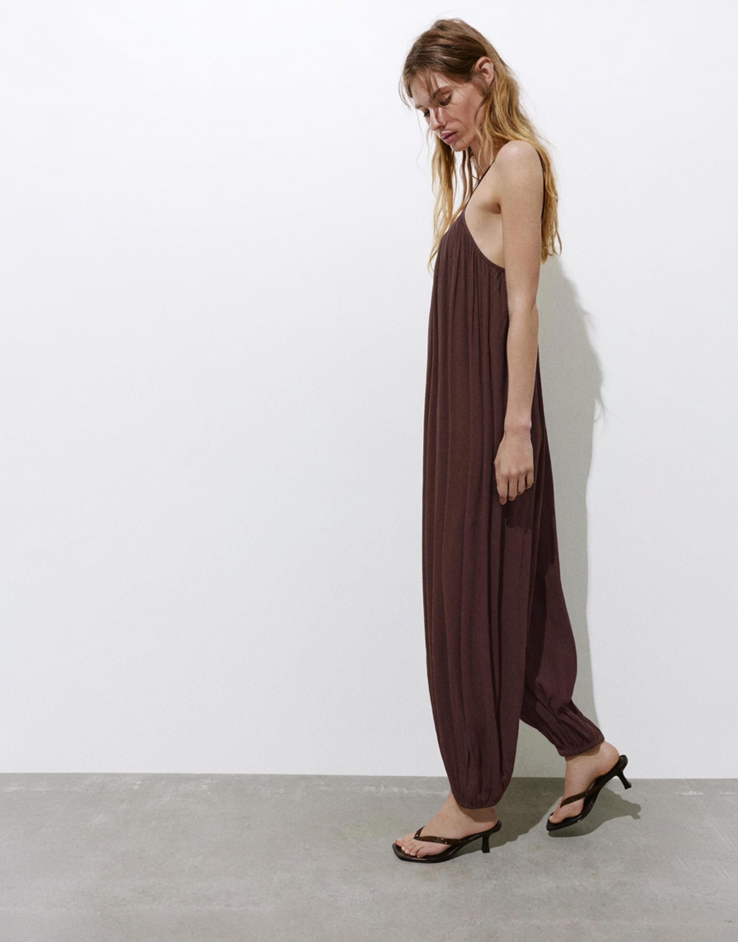 Flowing strappy sarouel jumpsuit — Brown