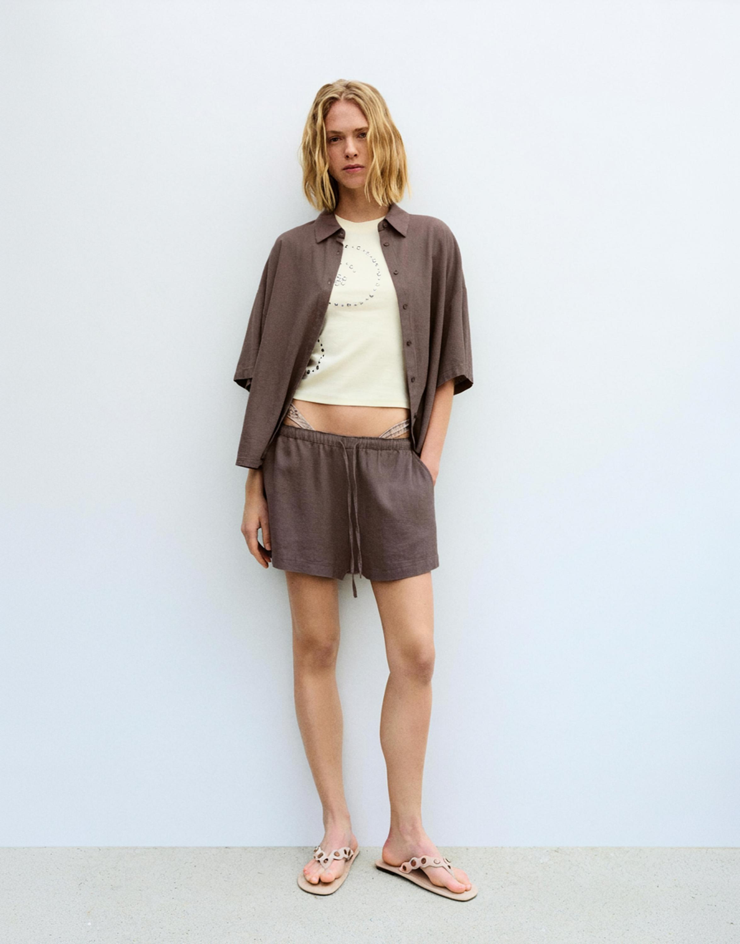 Short sleeve linen blend shirt — Pale brown