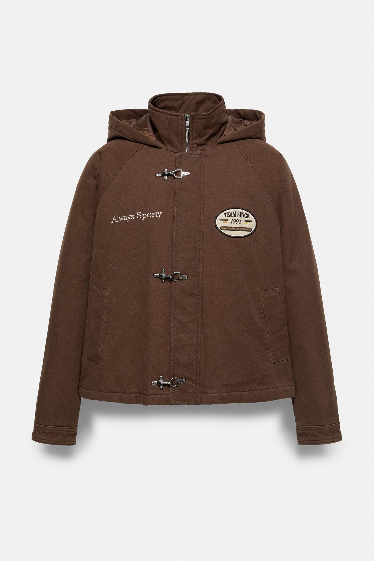 Jacket with hood and fireman clasp — Brown