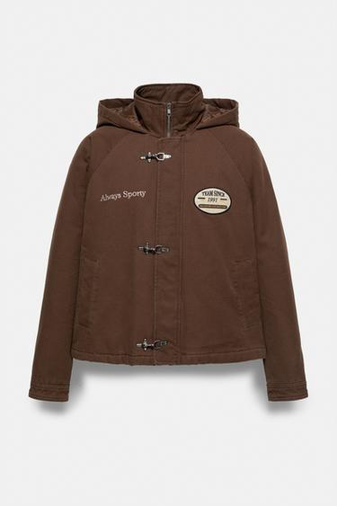 Jacket with hood and fireman clasp — Brown 5