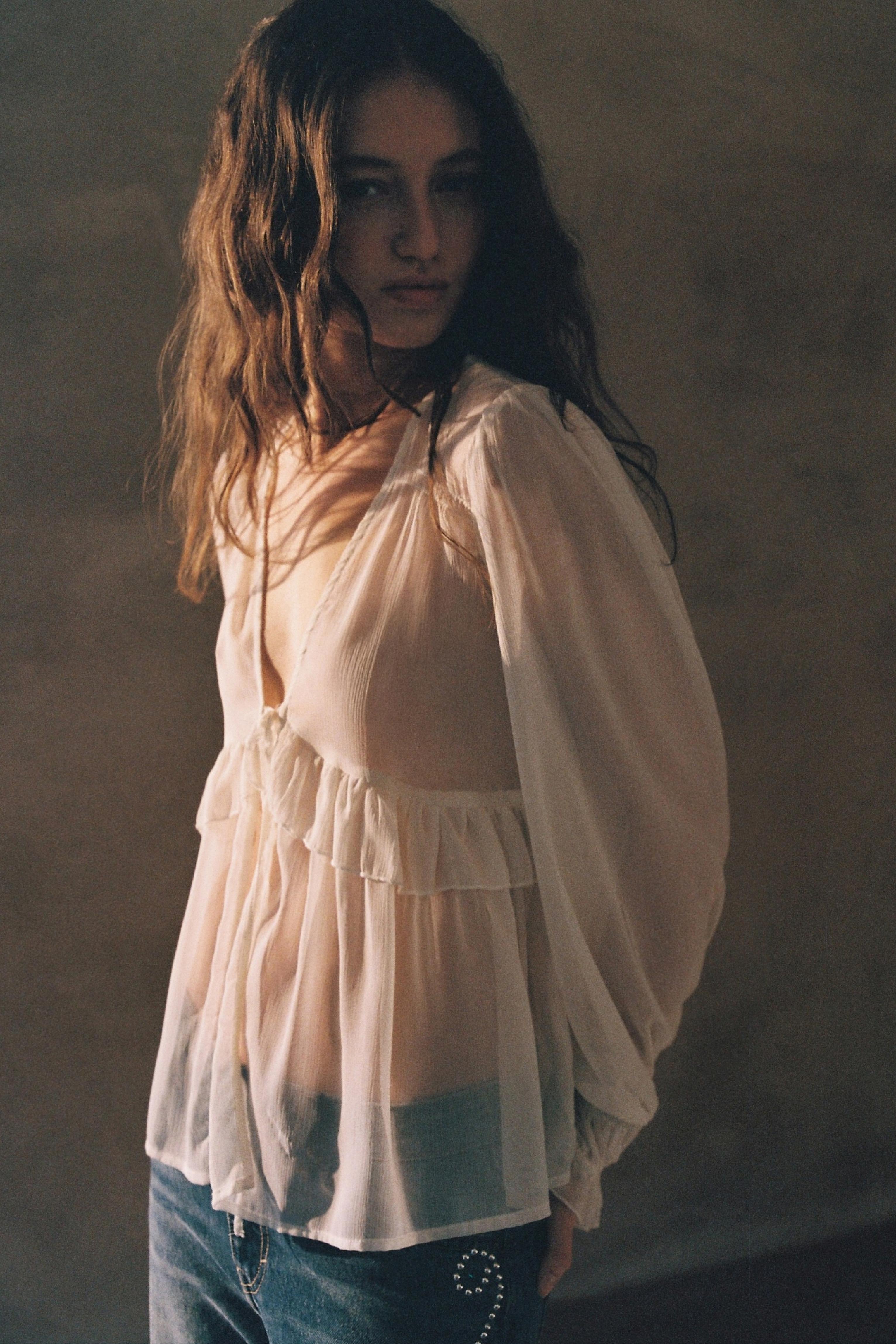 Sheer blouse with ruffle — Ice