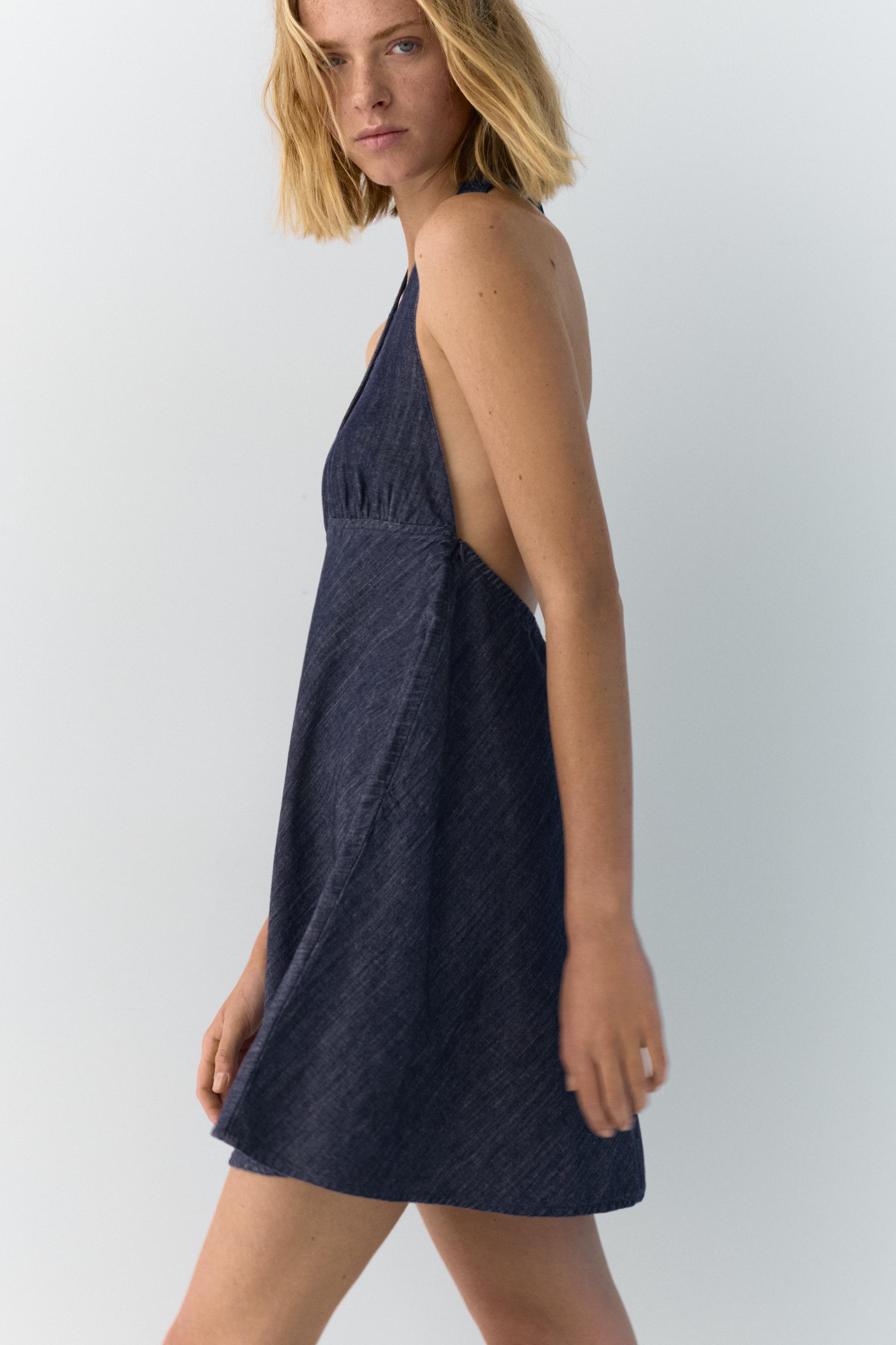 Short denim halter dress — Dark blue