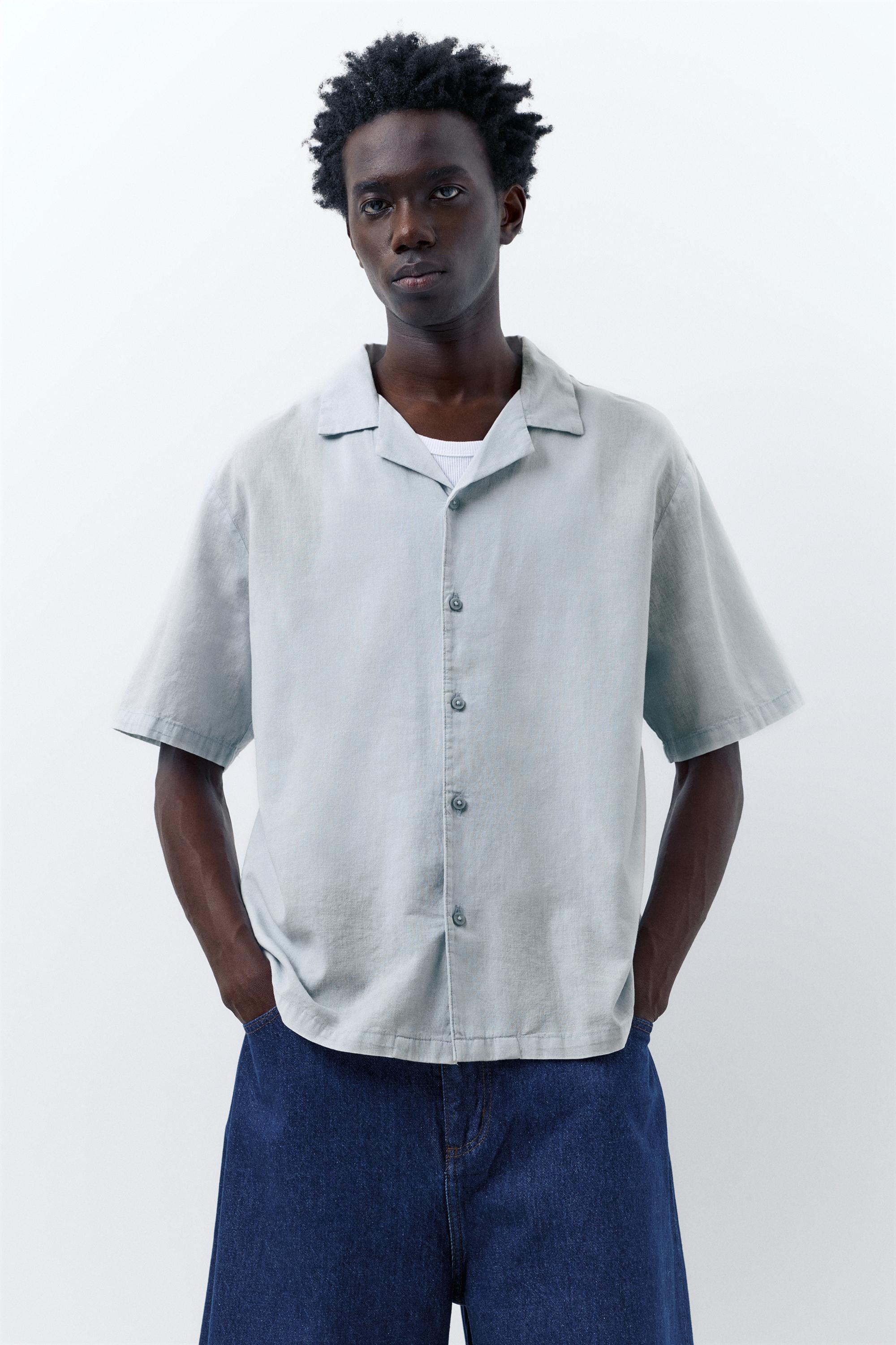 Short sleeve linen blend shirt — Pale blue