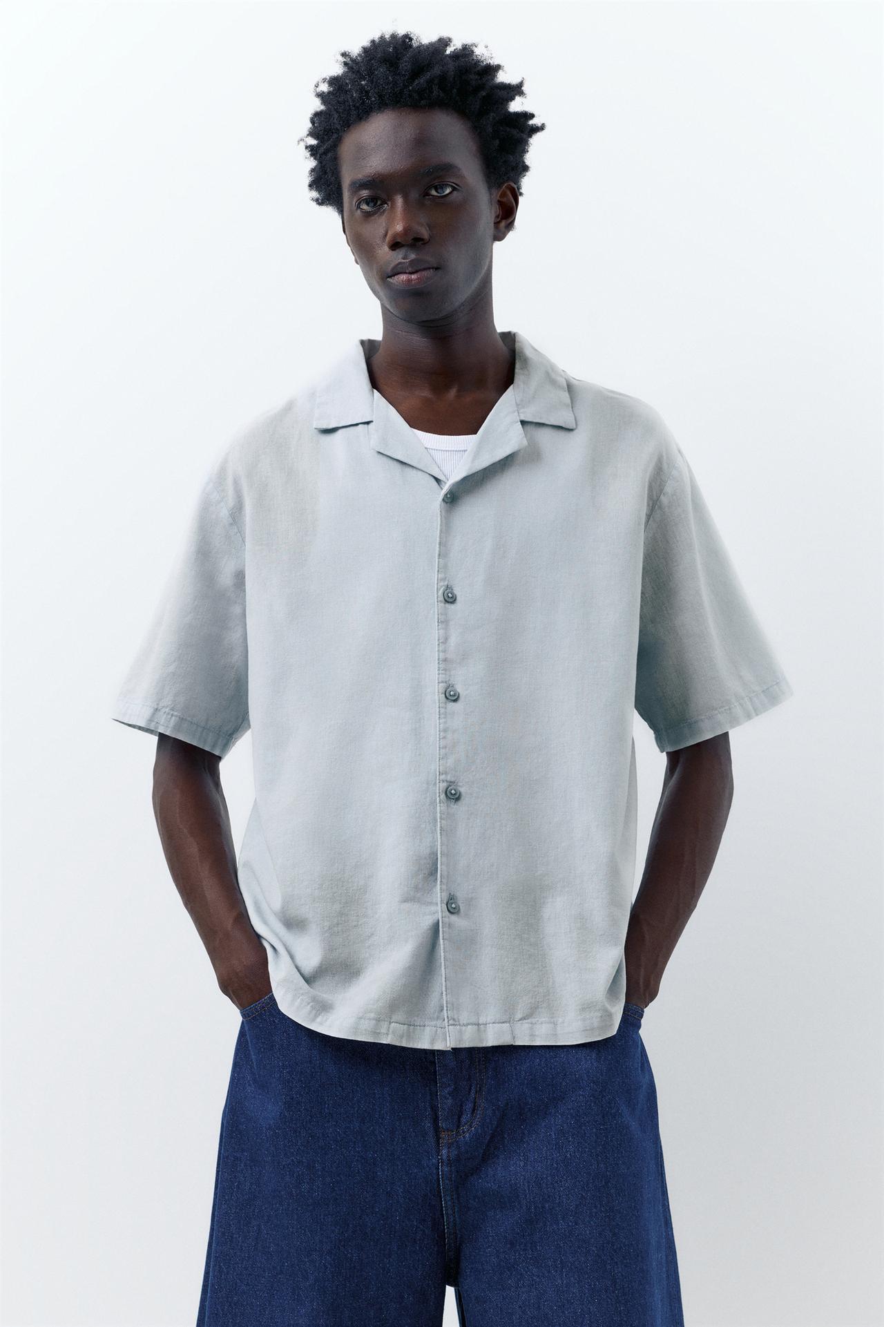 Short sleeve linen blend shirt — Pale blue