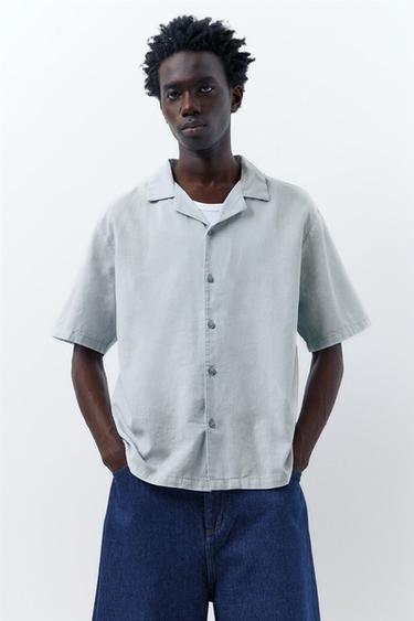 Short sleeve linen blend shirt — Pale blue 1