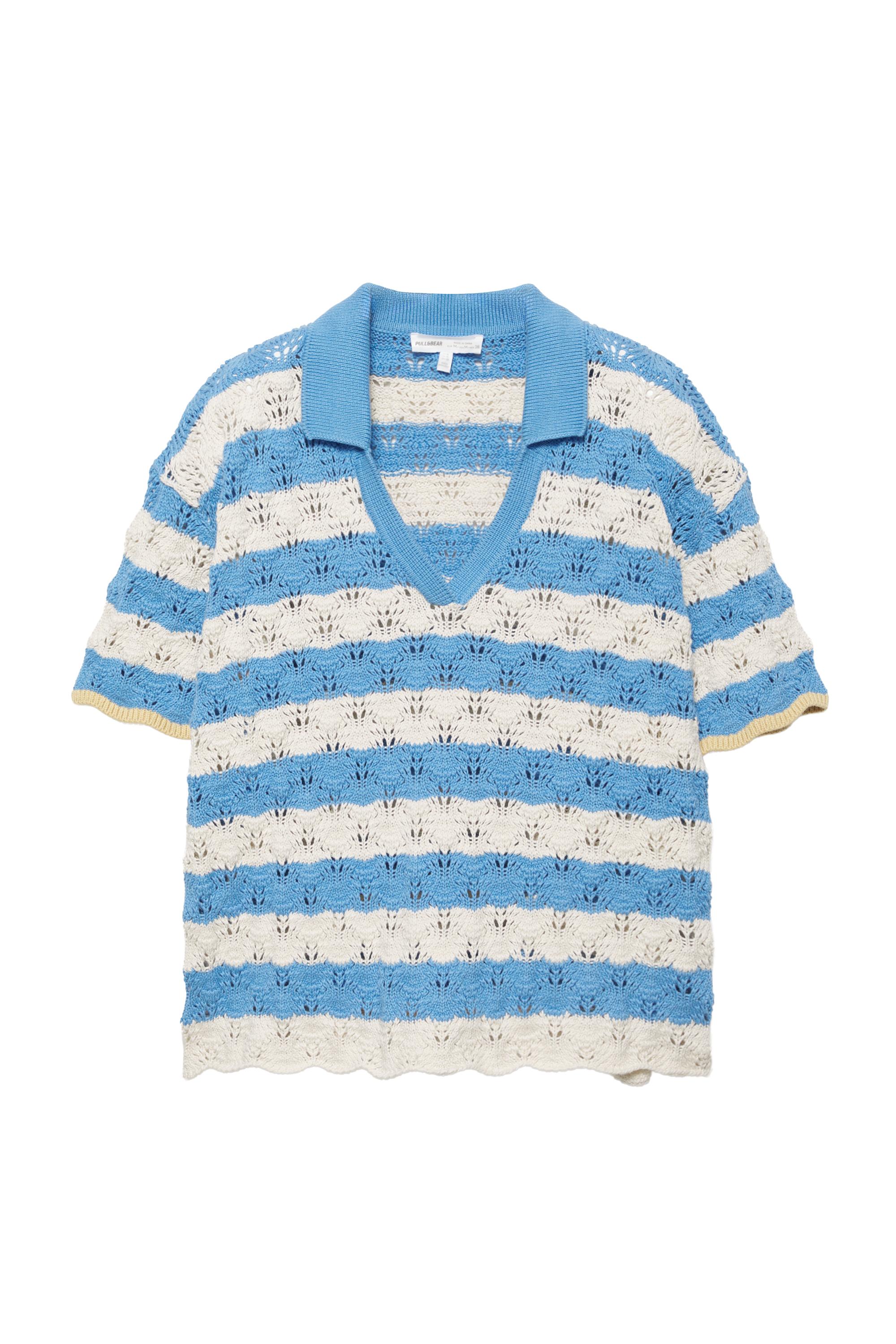 Kroşe çizgili polo tişört - Görsel 2