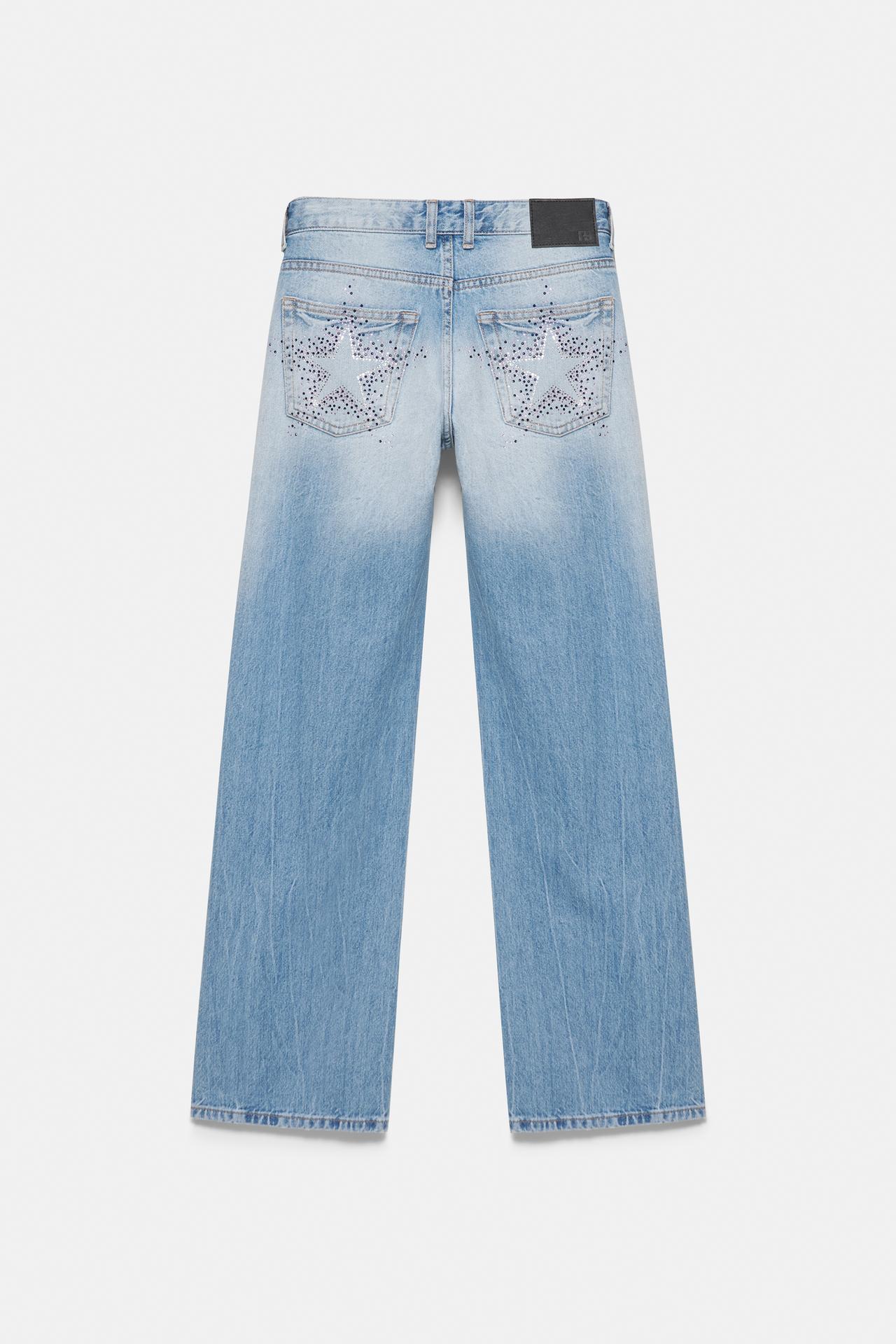 Low-rise straight-leg rhinestone jeans — Pale blue
