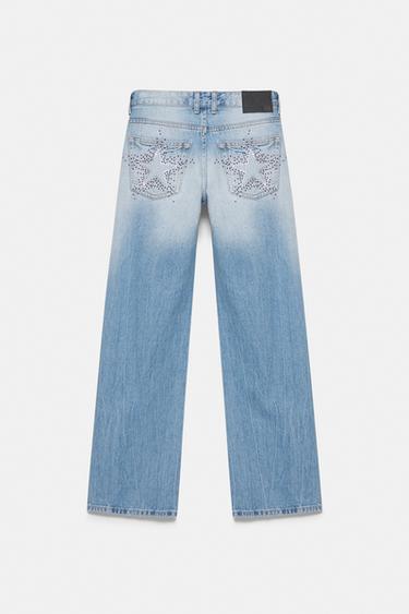 Low-rise straight-leg rhinestone jeans — Pale blue 7
