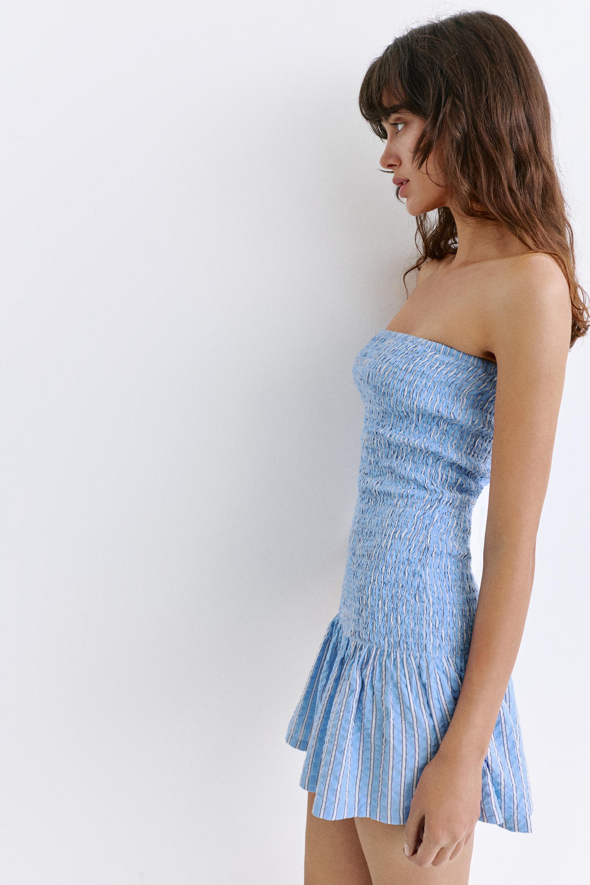 Short striped smock dress — Medium blue