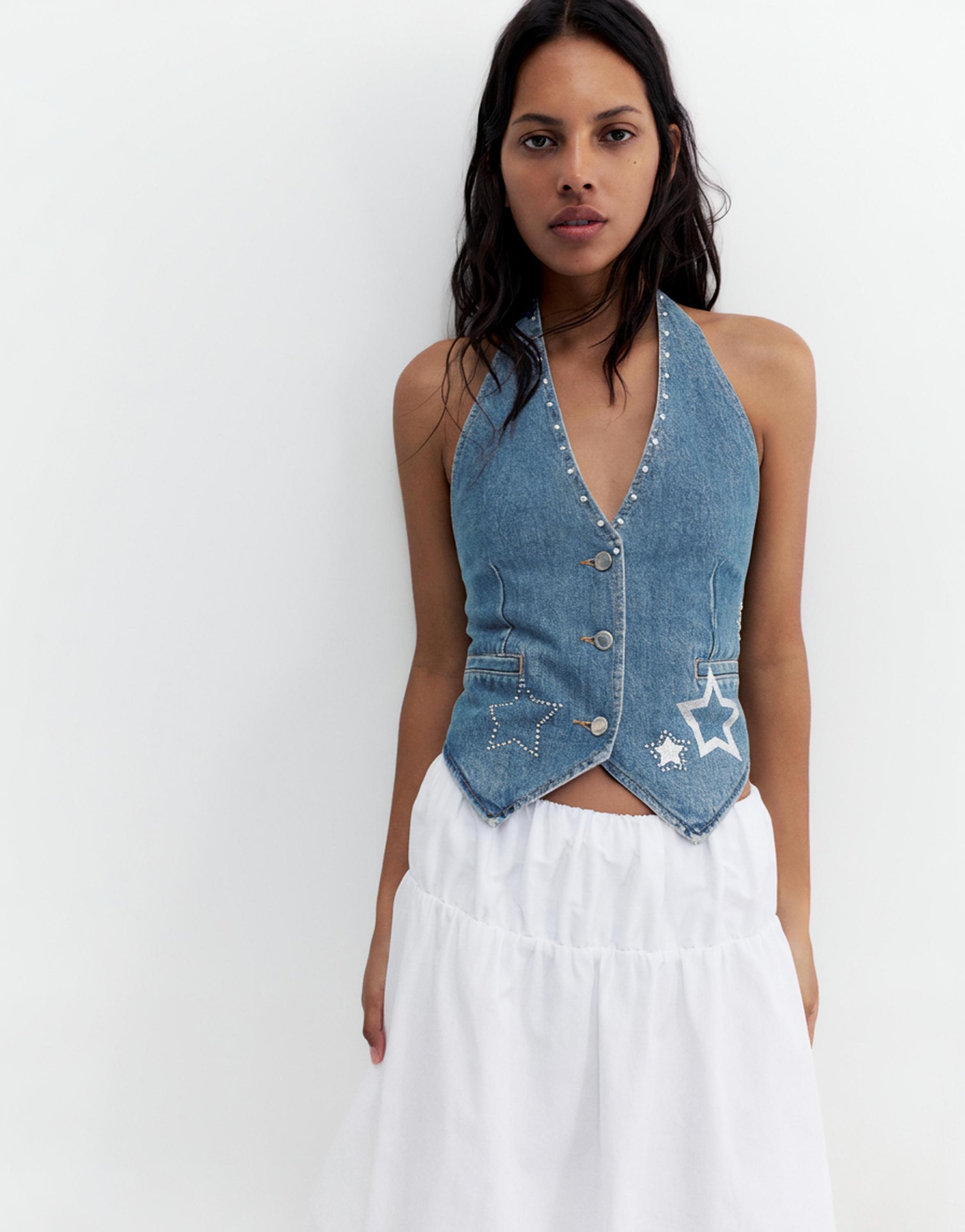 Star and stud denim vest — Medium blue
