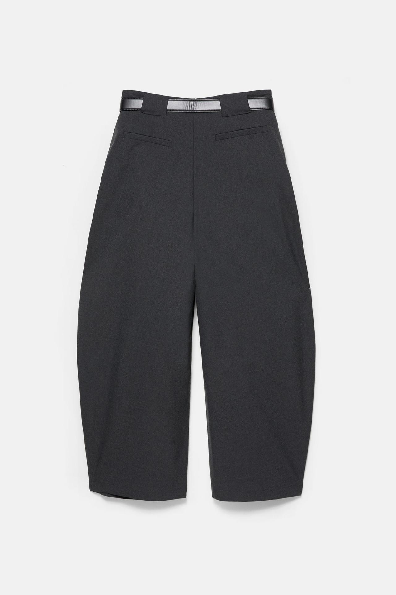 High-waist barrel trousers with pleats and belt — Dark grey