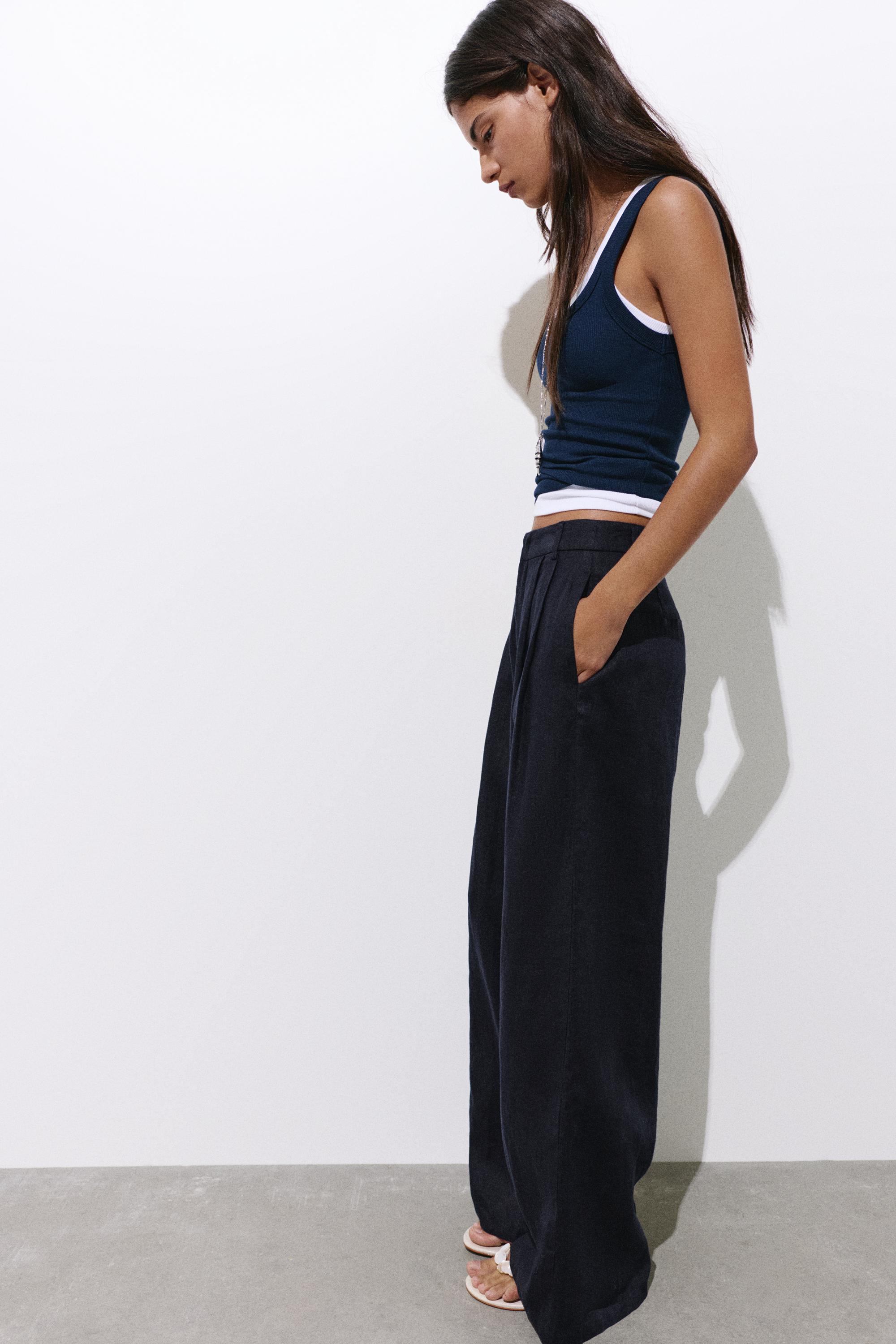 Wide-leg 100% linen trousers — Dark navy