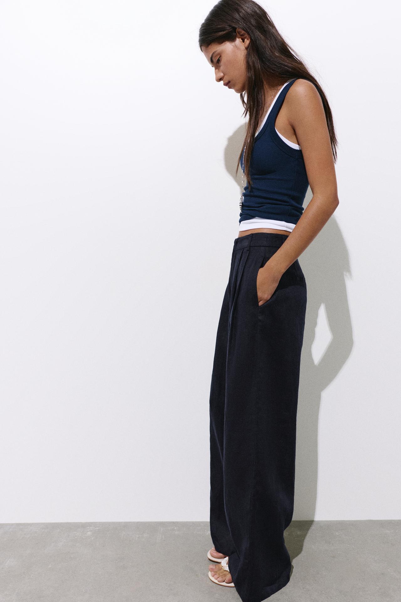 Wide-leg 100% linen trousers — Dark navy