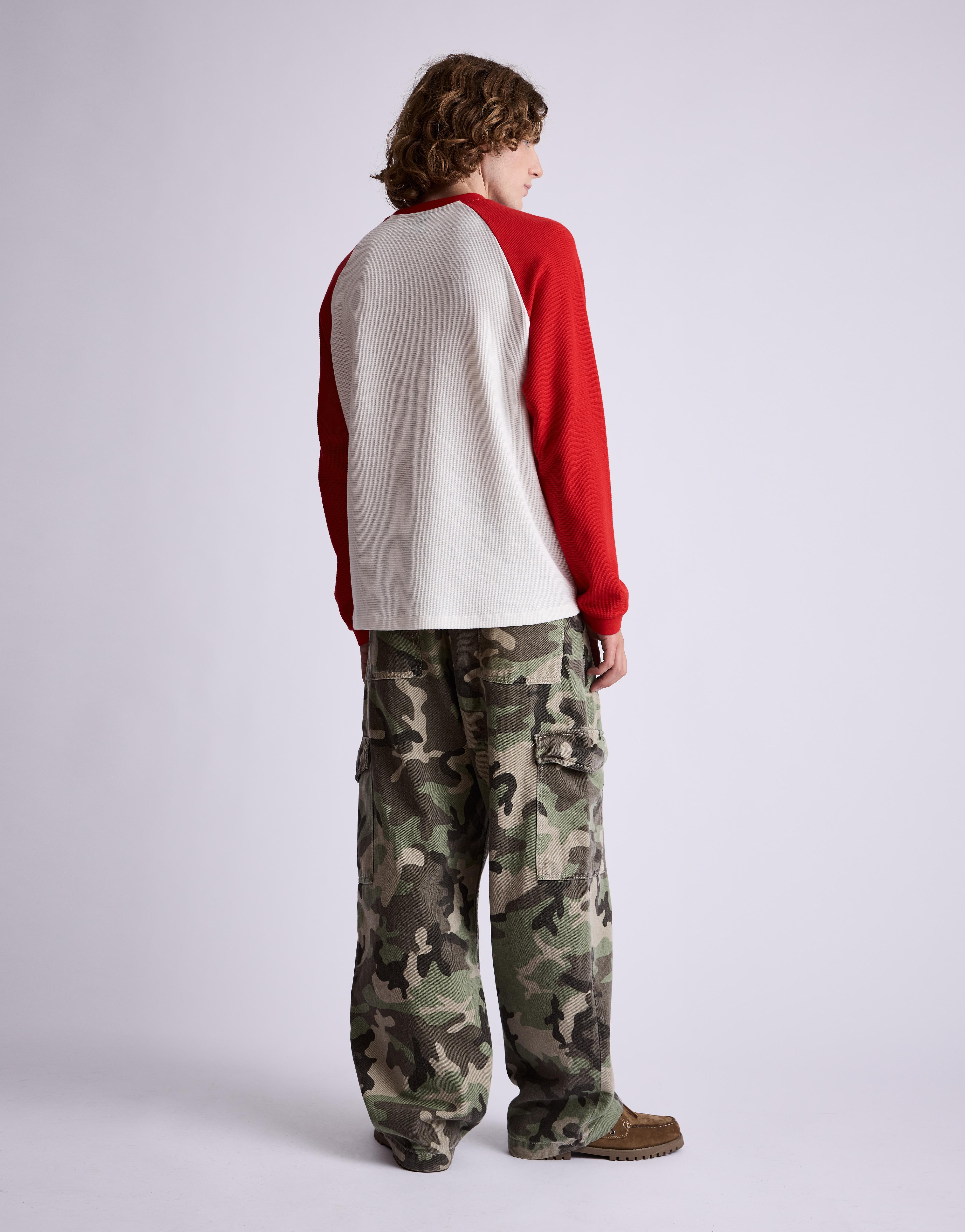 Waffle-knit raglan sleeve T-shirt — Red