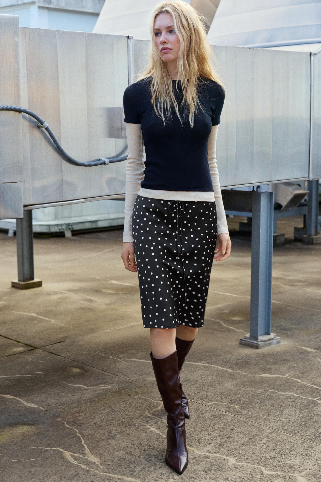 Satin polka dot midi skirt — Black/Ecru