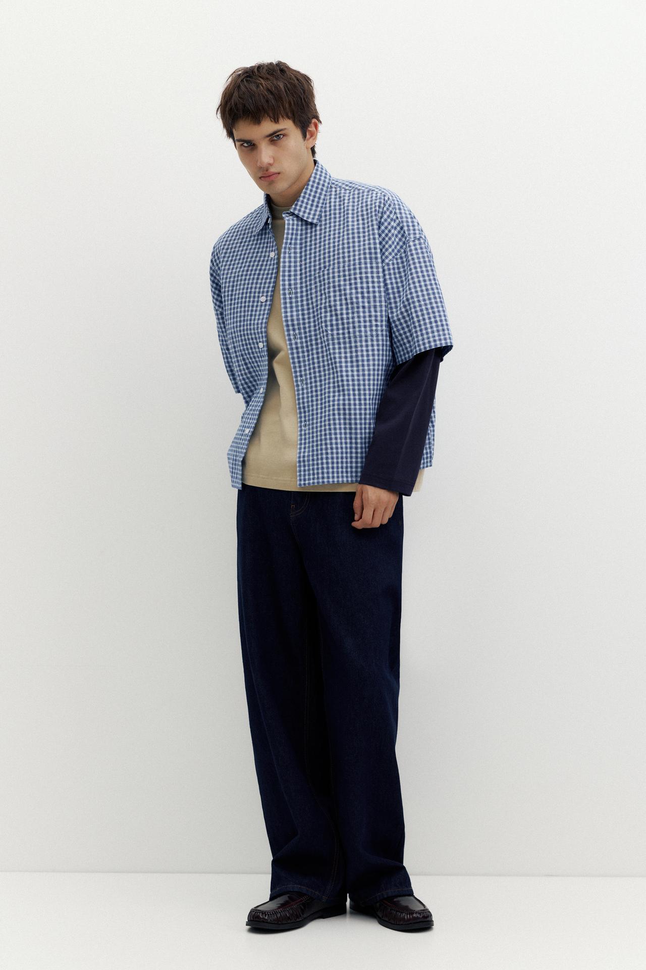 Check double sleeve shirt — Blue