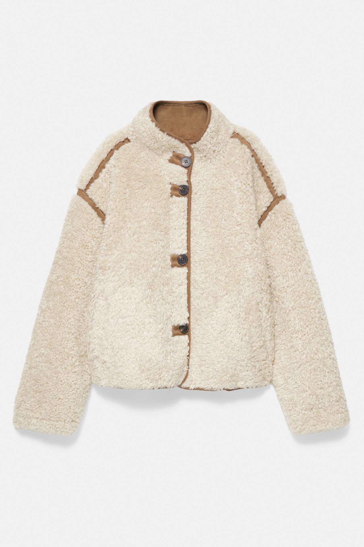 Faux shearling high neck jacket — Ecru
