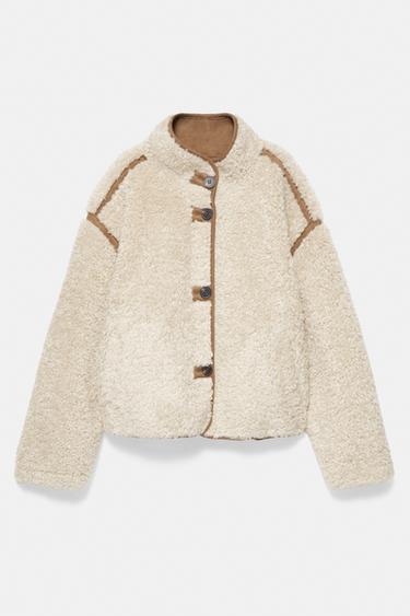 Faux shearling high neck jacket — Ecru 5