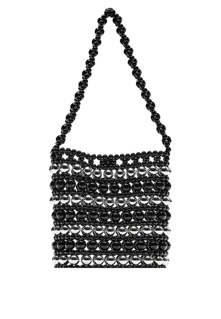 Striped beaded handbag — Black