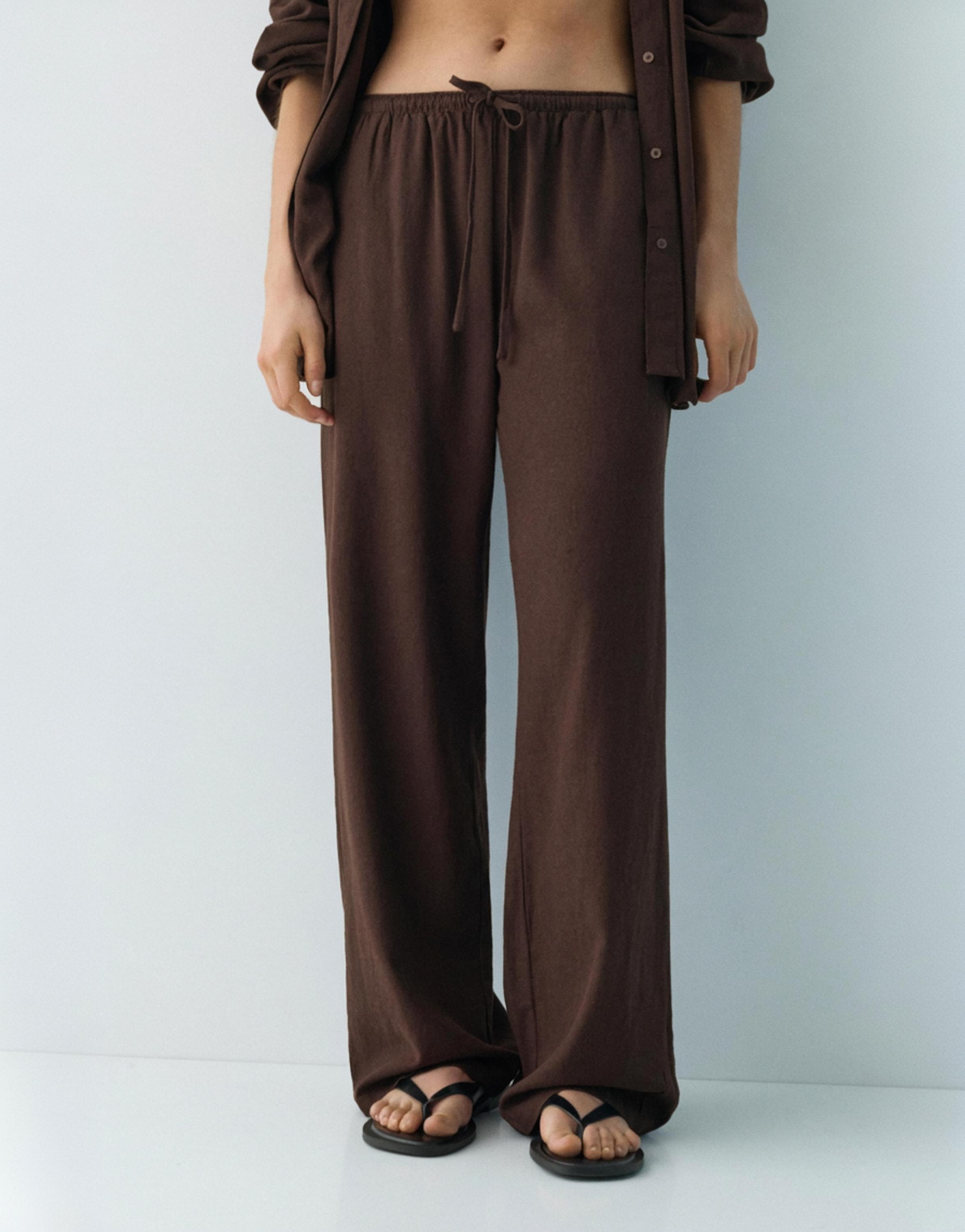 Flowy trousers with linen — Brown