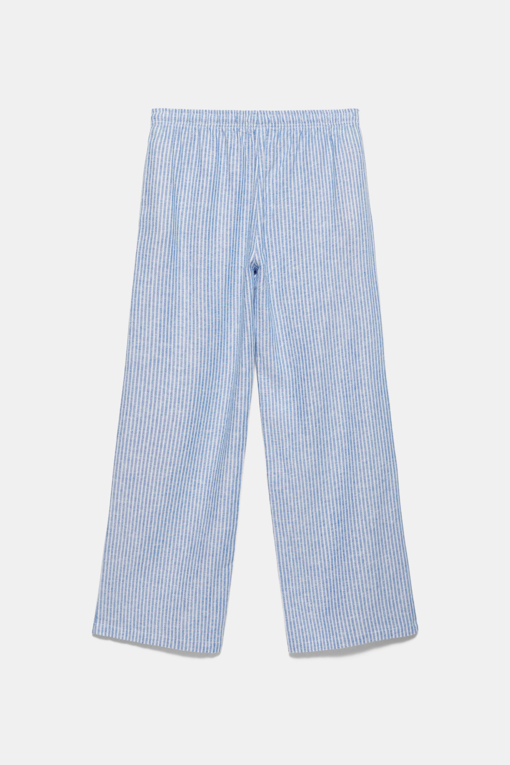 Striped pyjama-style trousers with linen — Blue