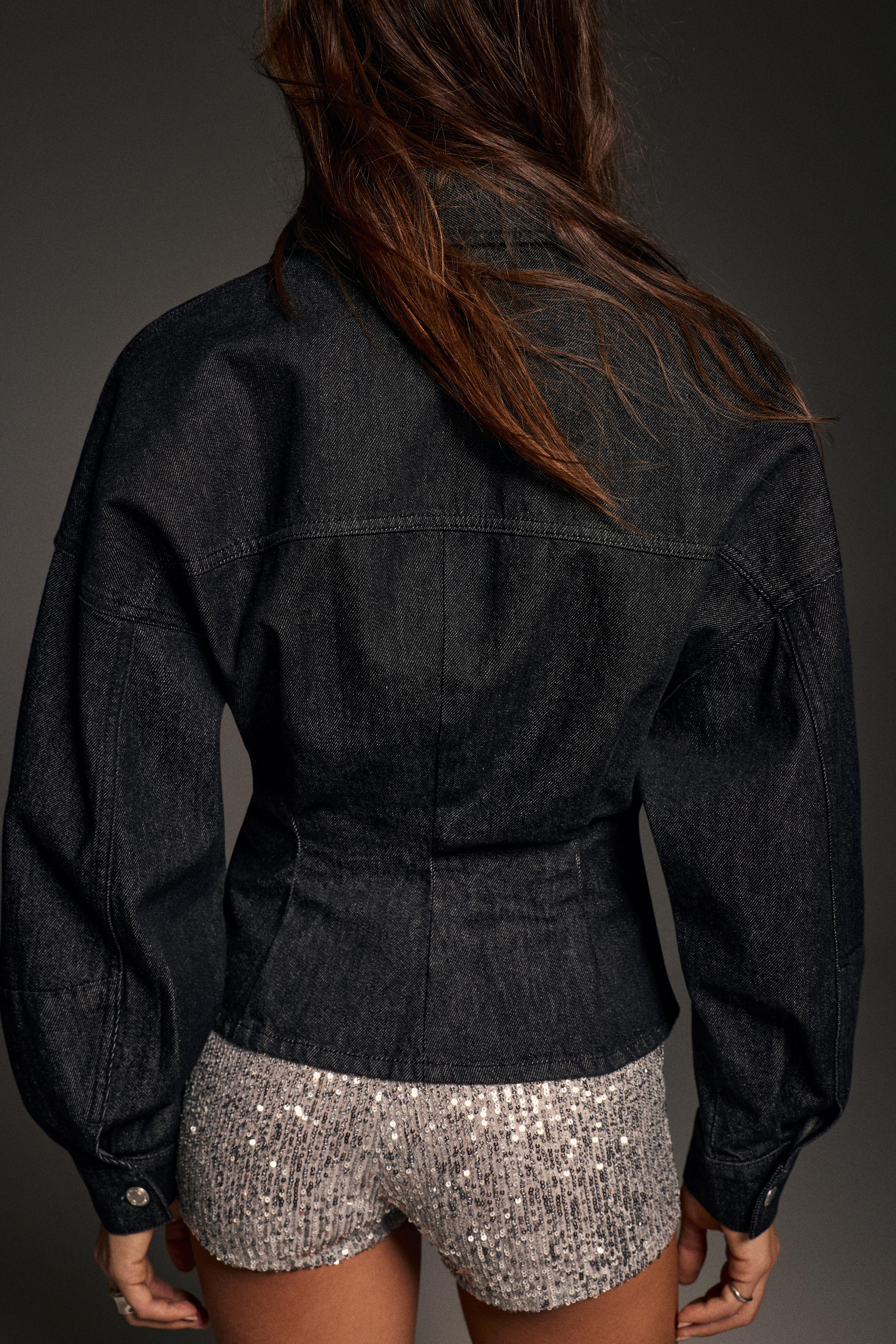 Fitted denim shirt with pleats — Black