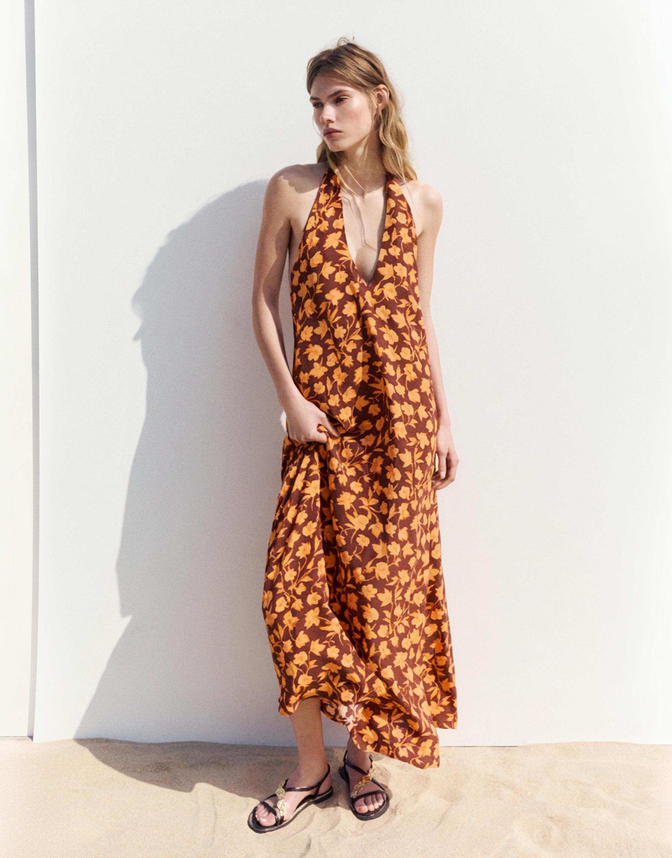 Floral halterneck midi dress — Brown