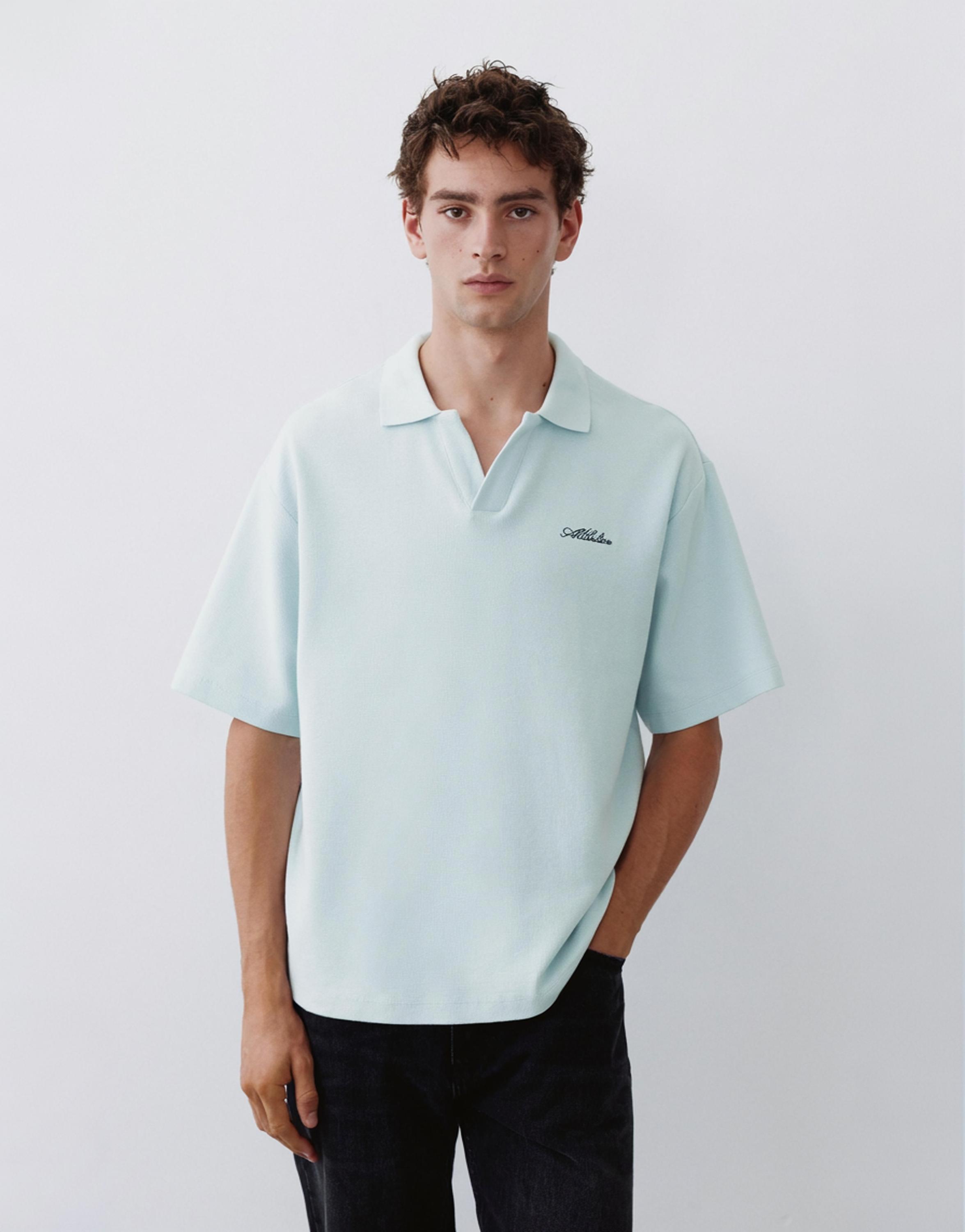 Short sleeve waffle-knit polo shirt — Sky blue