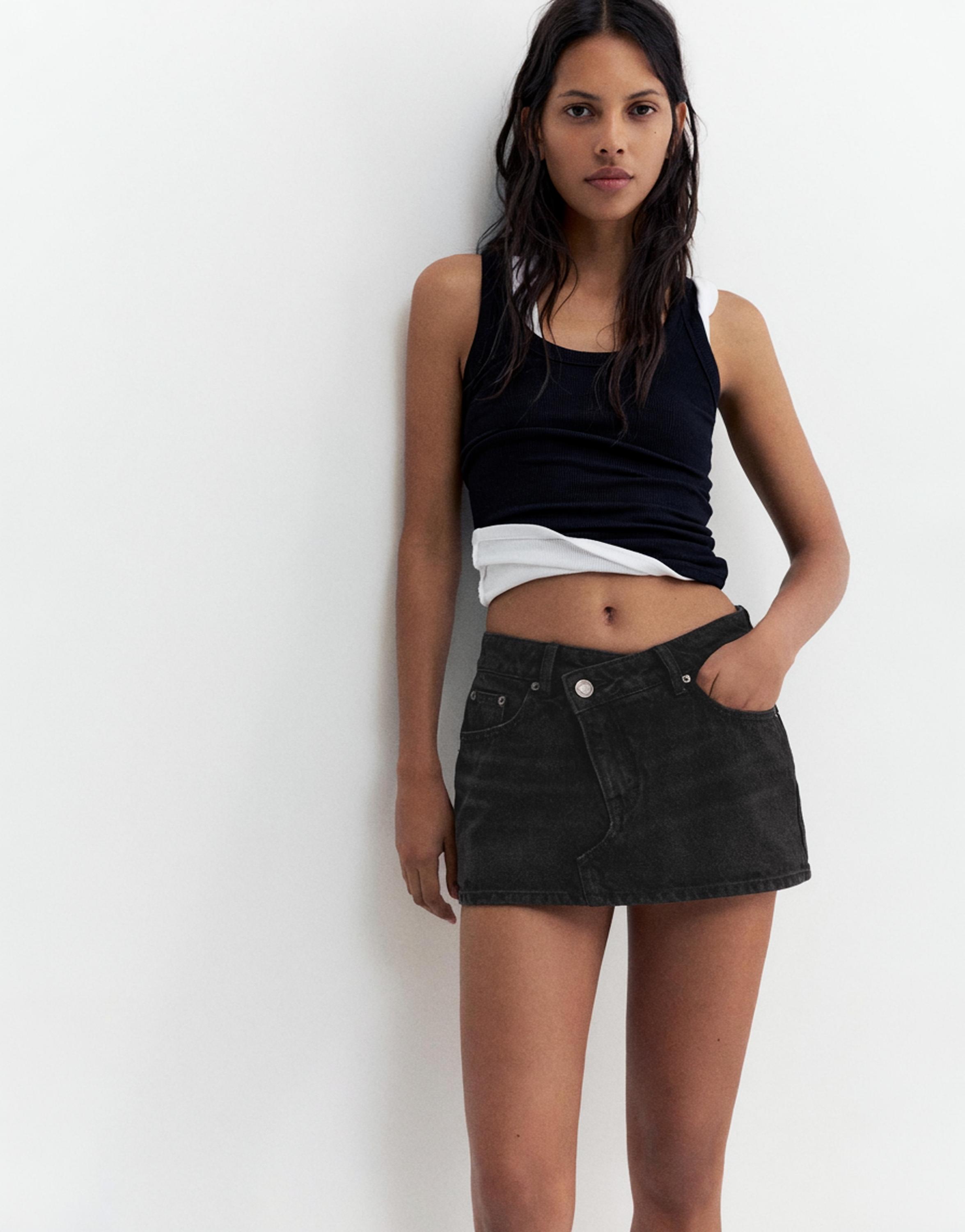 Cross-waist denim skort — Black