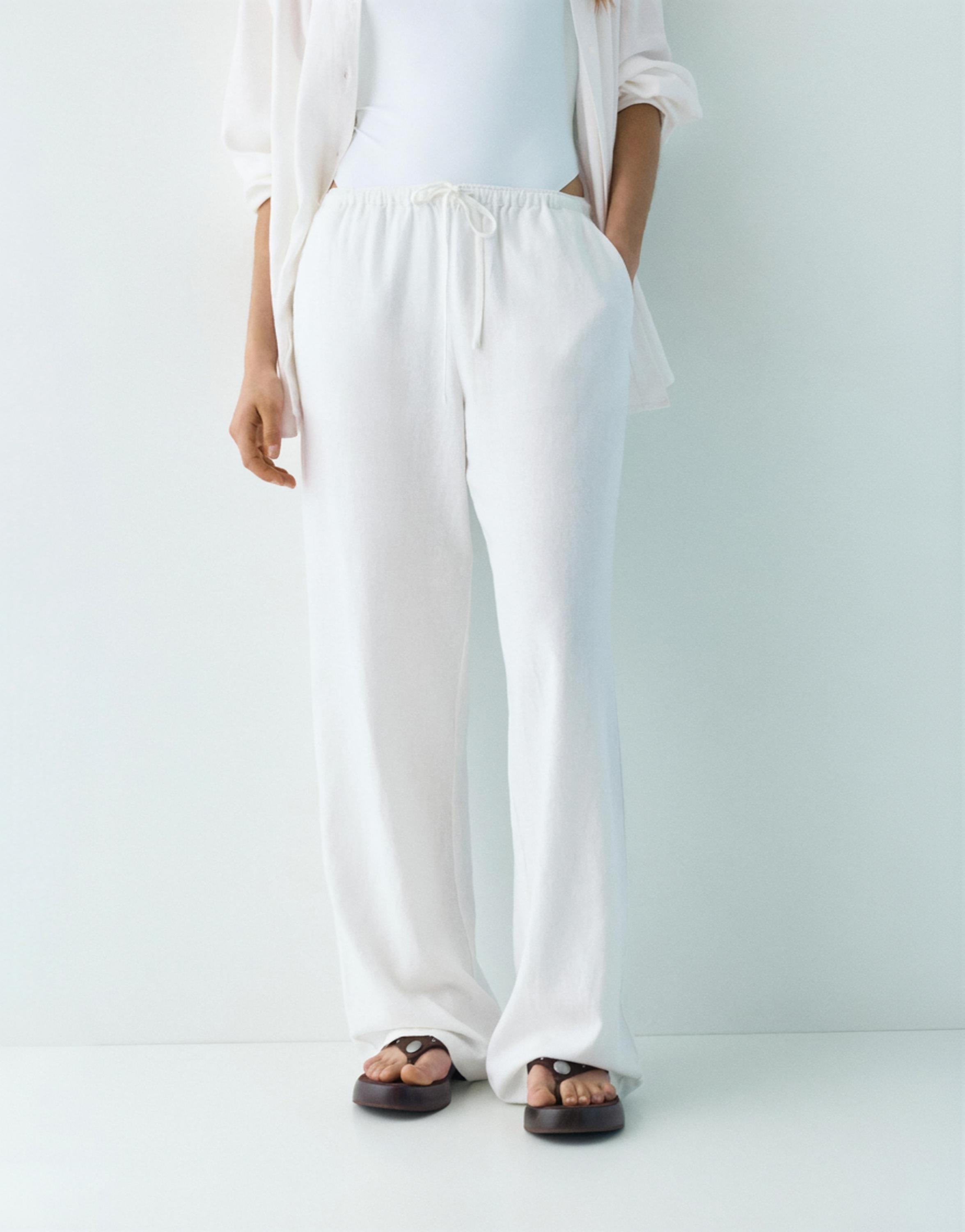 Ketenli dökümlü pantolon - Görsel 8