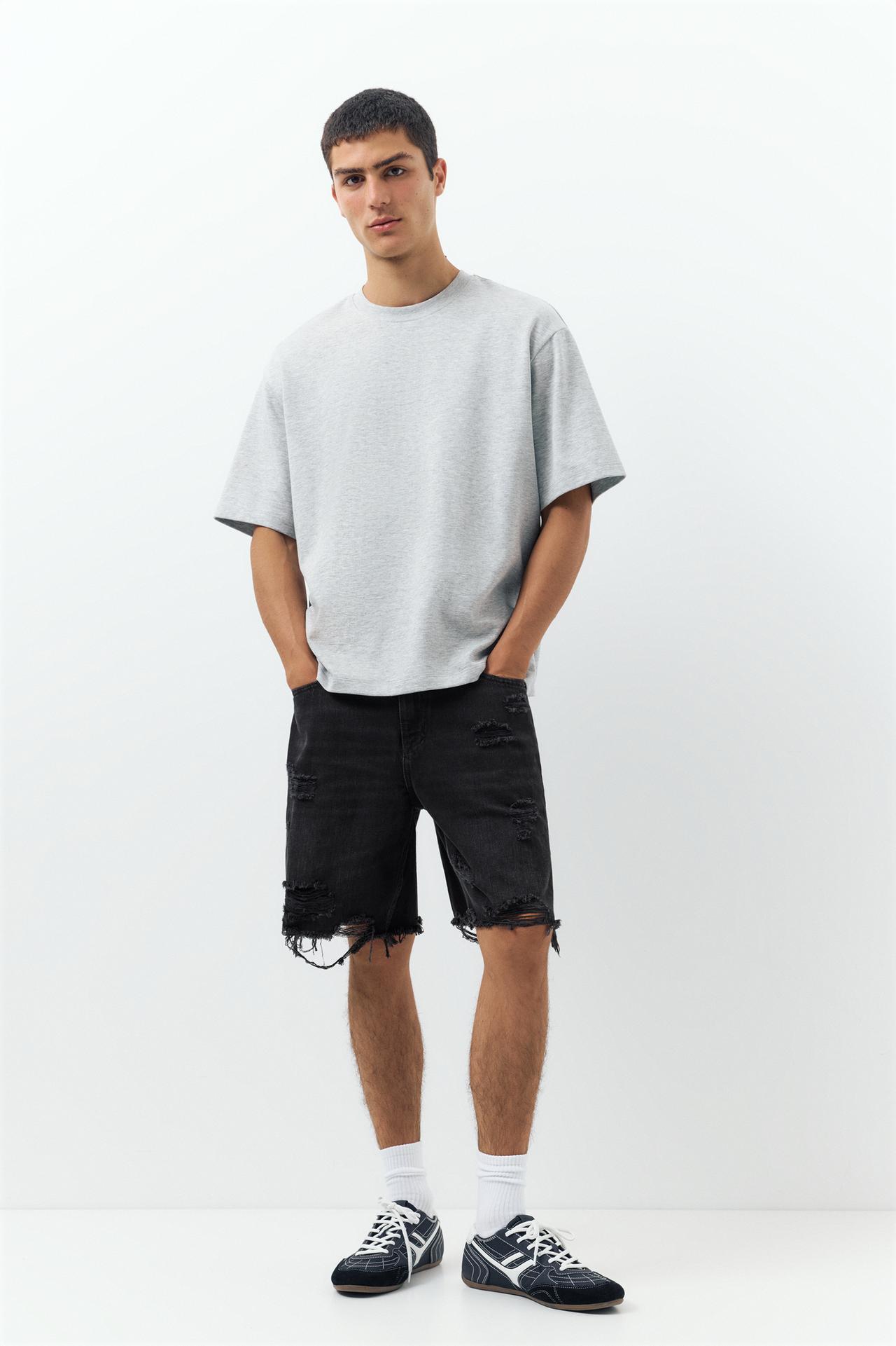 Straight-leg denim Bermuda shorts — Faded black